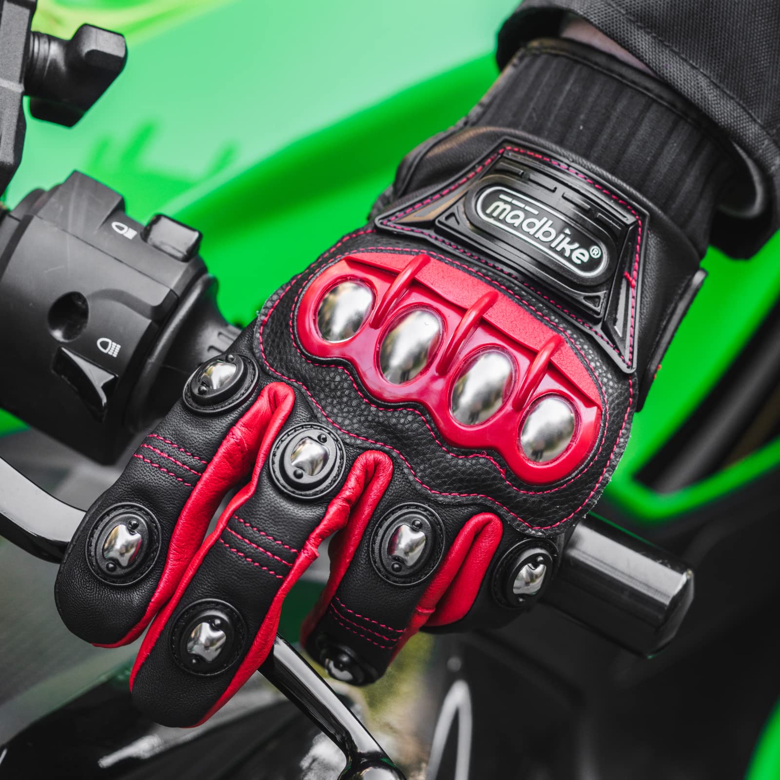 Ilm Alloy Steel Leather Hard Knuckle Touchscreen Motorcycle Bicycle Motorbike Powersports Racing Gloves (M, (Leather) Red) Model 10Cl