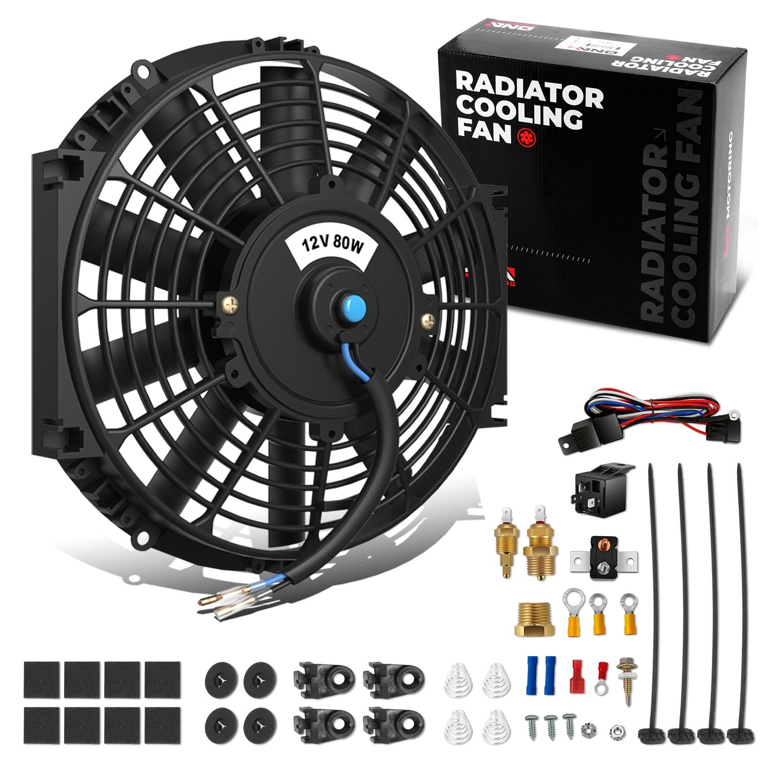Dna Motoring 10Inch Electric Radiator Cooling Fan Thermostat Wiring Switch Relay Kit, Universal High Performance Slim Fan Push P