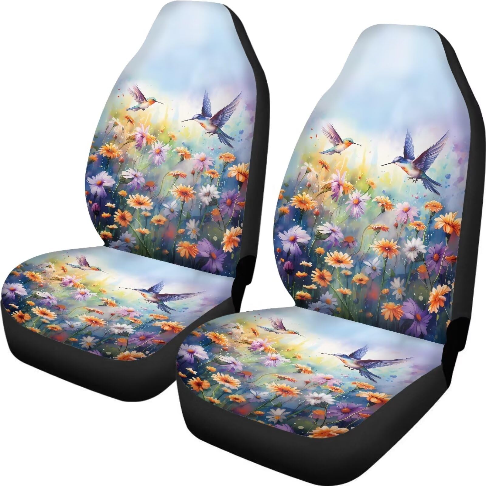 Talayituse Hummingbird Daisy Print Car Seat Covers 2 Pcs, Auto Universal Front Seat Protector, Men Women Automobile Interior Dec