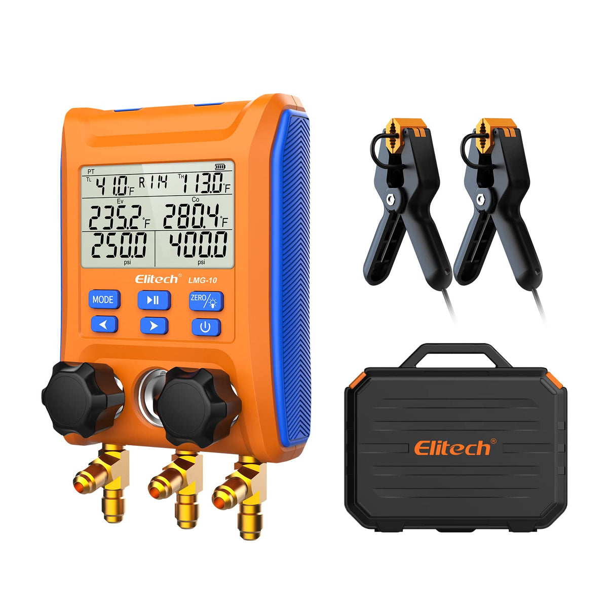 Elitech Digital Manifold Gauge 2-Way Valve With Thermometer Clamps For Hvac Systems, Lmg-10