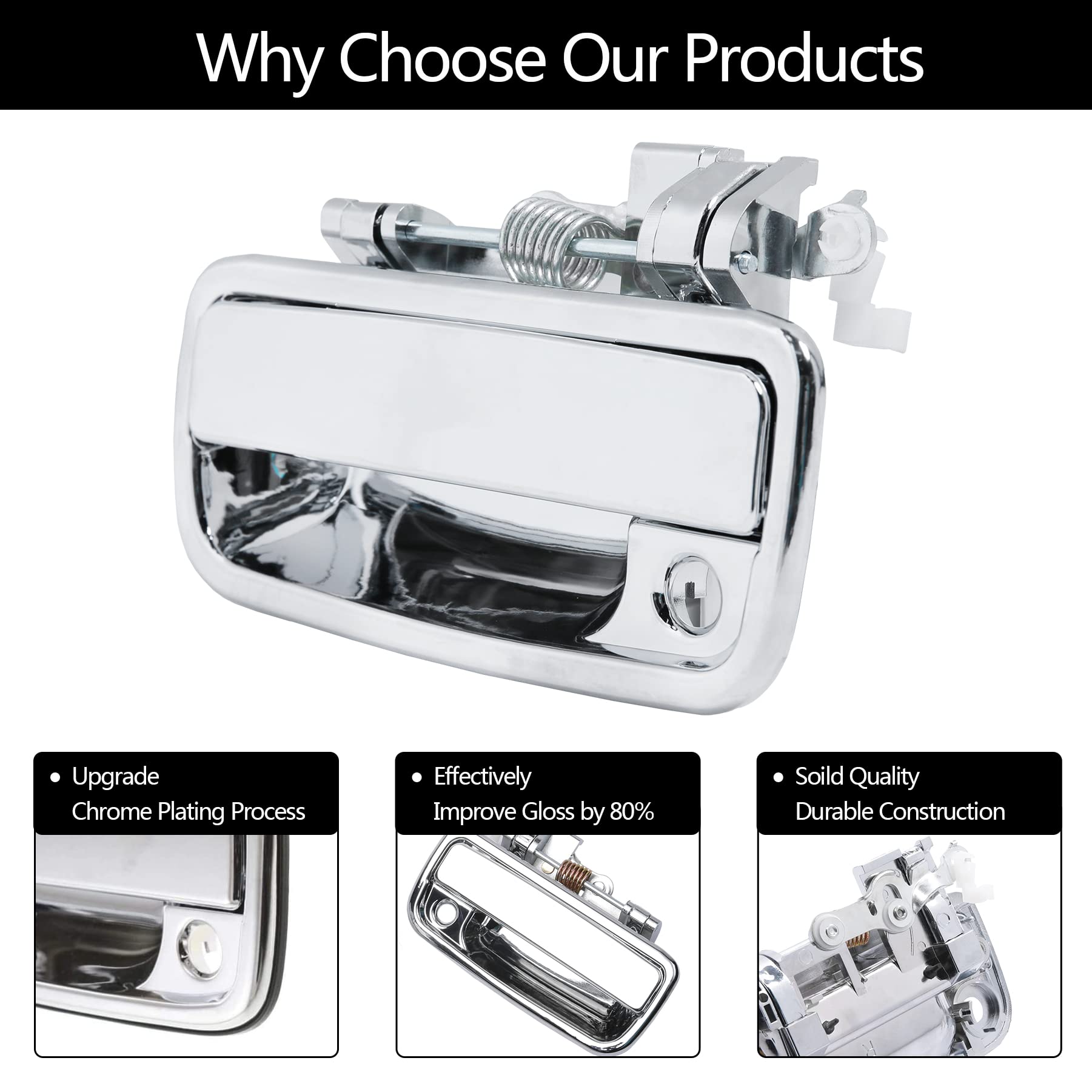 Exterior Door Handle, Compatible with 1995-2004 Toyota Tacoma, 2004-2012 Toyota Hilux, Chrome Front Outside Left Driver & Right