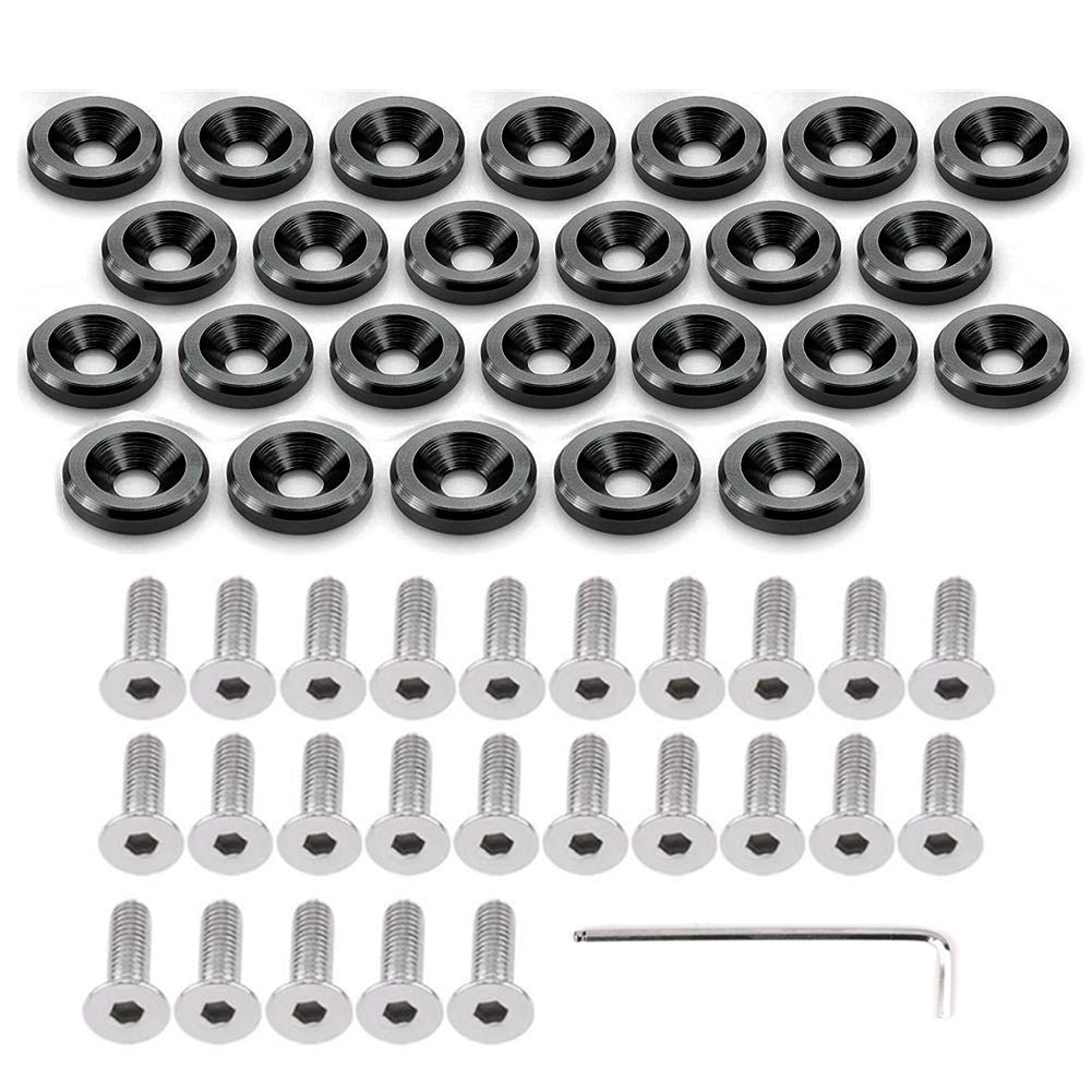 Stetion 25 Pcs Fender Bumper Washer Bolt 6061 T6 Grade M6X20Mm Cnc Finishing Washer Engine Bay Dress Up Fastener Kit (Black)