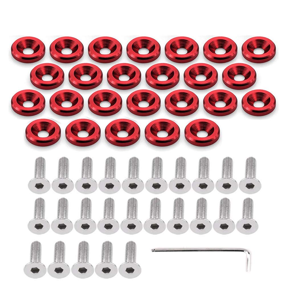 Stetion 25 Pcs Fender Bumper Washer Bolt 6061 T6 Grade M6X20Mm Cnc Finishing Washer Engine Bay Dress Up Fastener Kit (Red)