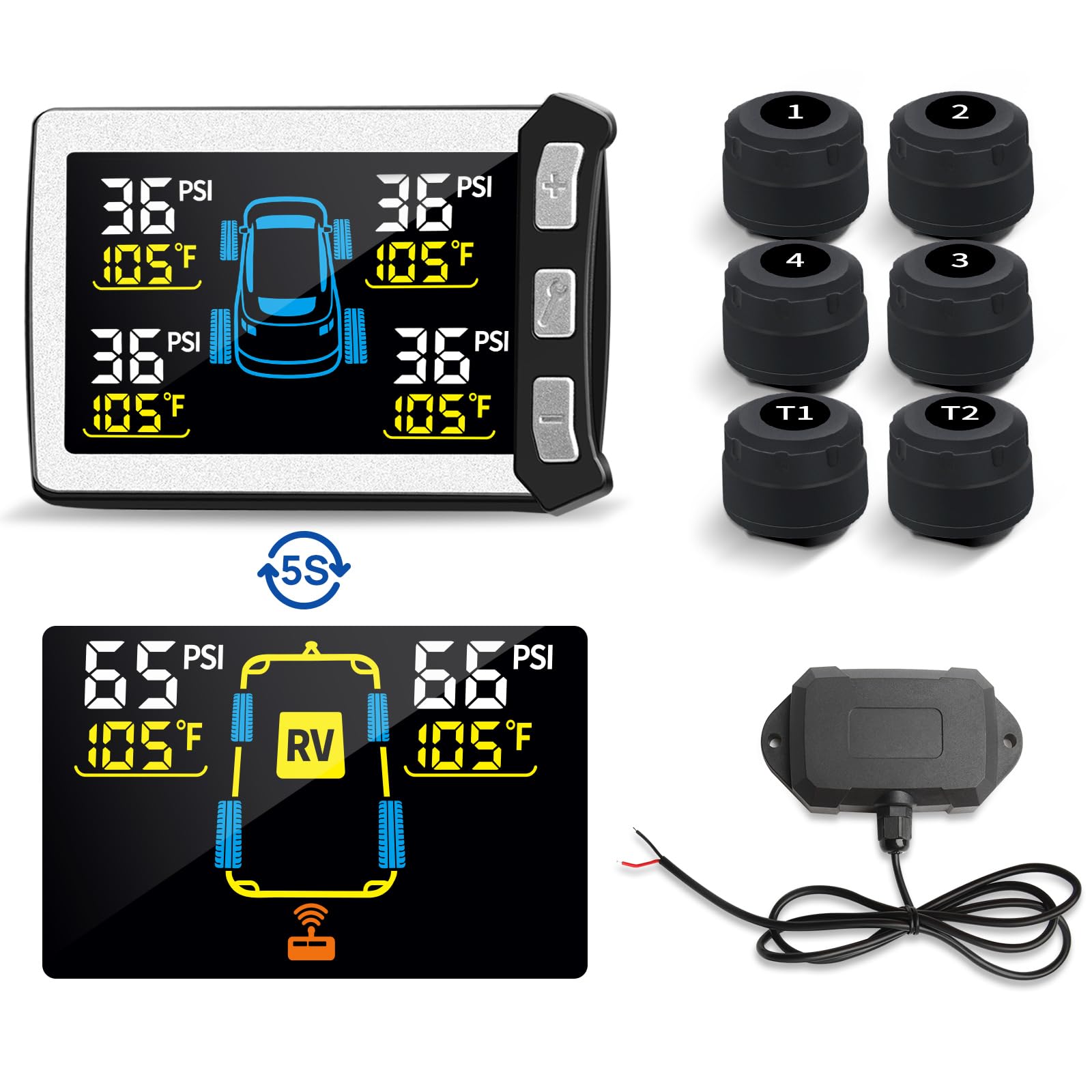 Masoll RV/Trailer Tire Pressure Monitoring System, Tire Pressure Monitor with Color LCD Display, TPMS with 6 Sensors for Travel 