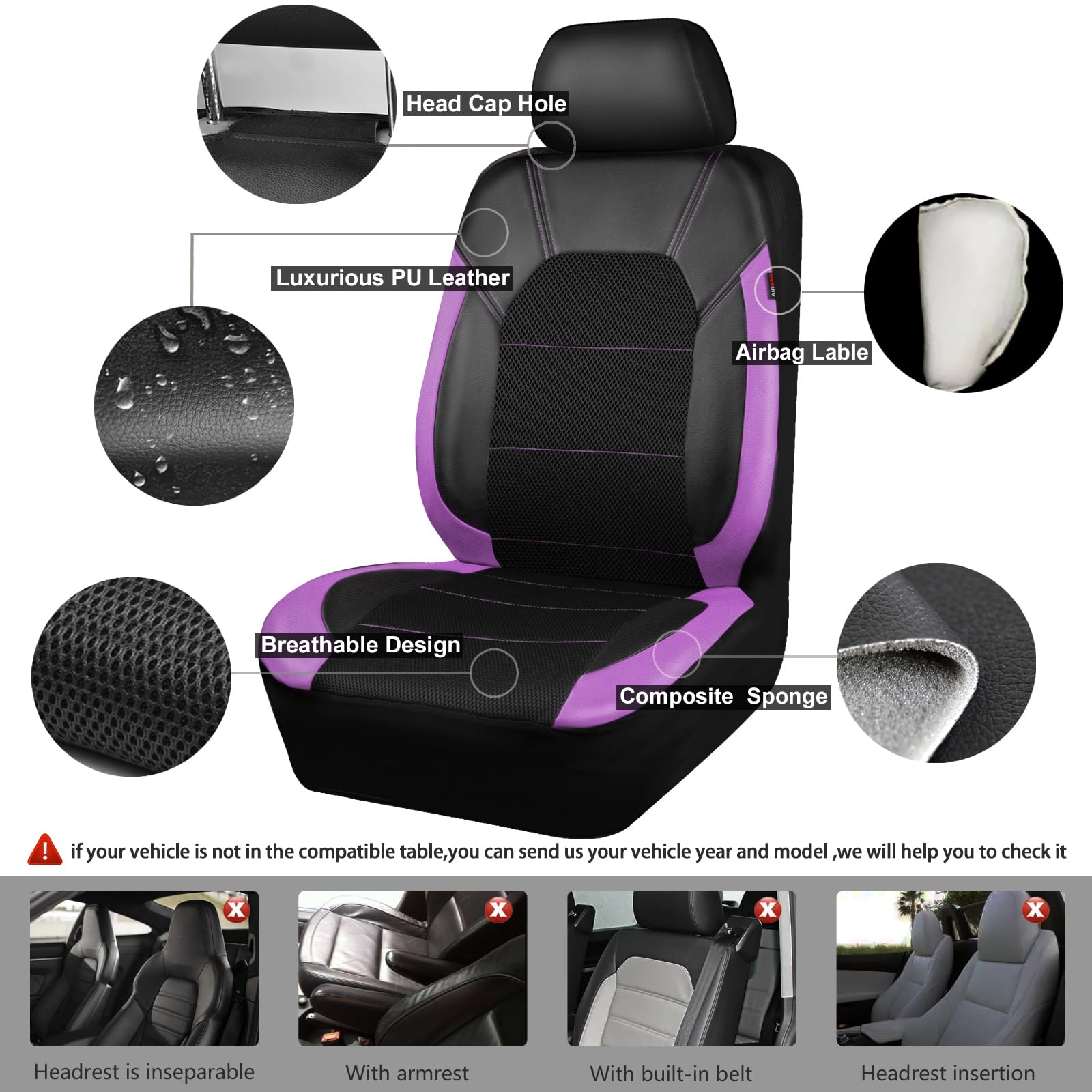 CAR PASS Universal Leather Two Front Seat Covers,Sport seat Covers fits Most Cars, SUVs, Trucks, and Vans Airbag Compatible (Bla