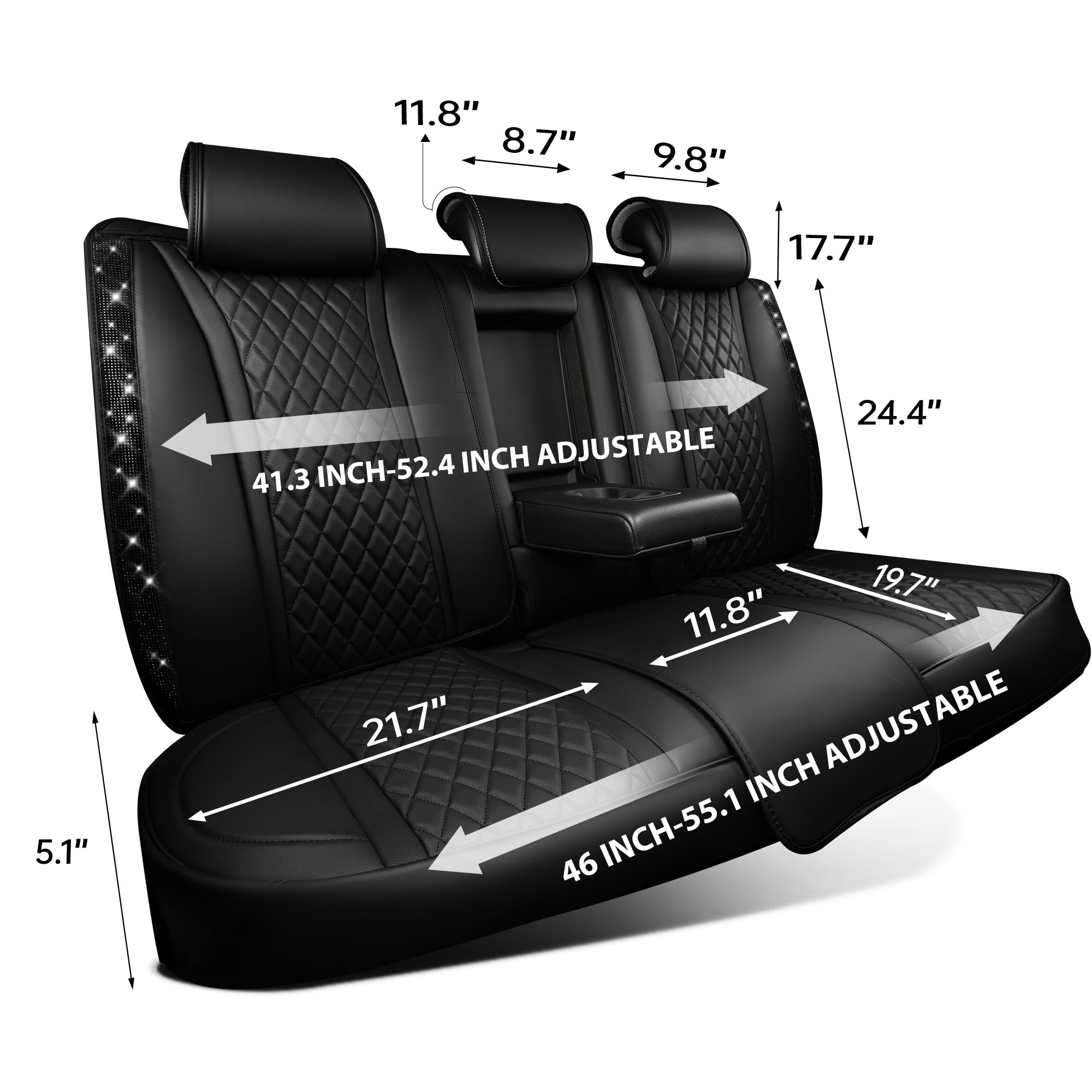 Car Pass Bling Diamond Back Seat Covers, Nappa Leather Rear Seat Bench Cushion Waterproof Breathable Back Row Protector Universa