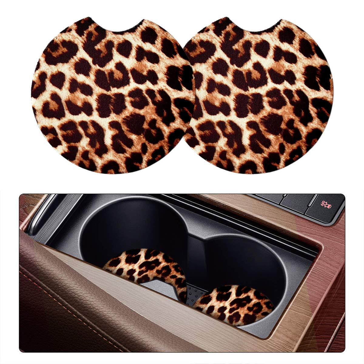 2 Pack Car Coasters For Drinks Absorbent - 2.75 Inch Cute Car Cup Holder Coasters For Women, Removable Cup Holder Coaster For Your Car, Car Interior Accessories For Women & Girls (Yellow Leopard)