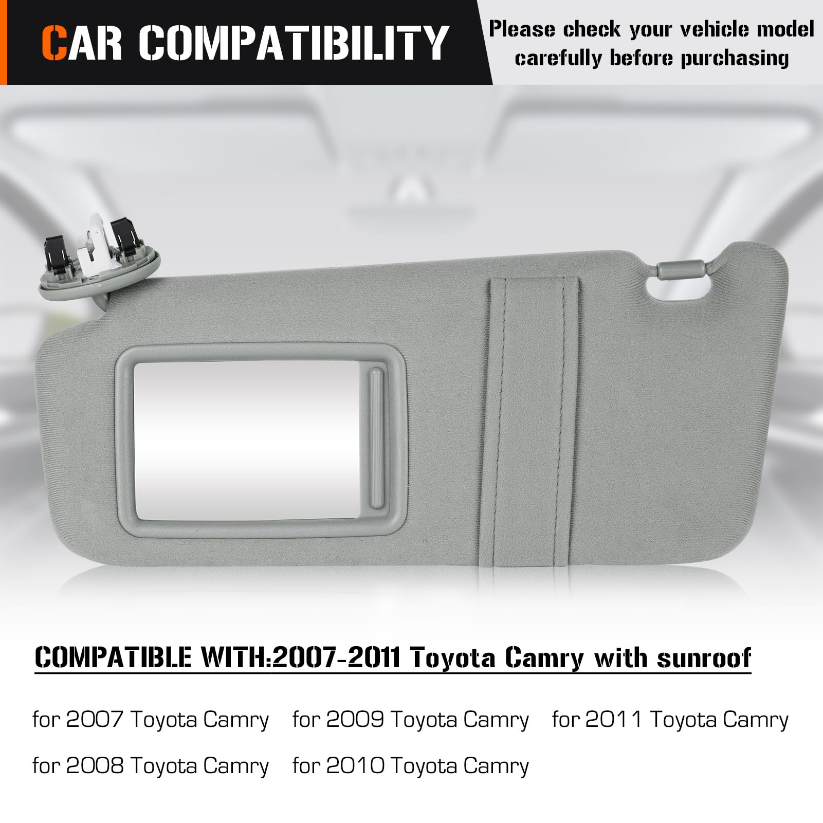 Sun Visor With Light For Toyota Camry 2007-2011 With Sunroof, Left Driver Side Gray Sunvisor Replace 74320-06800-B0