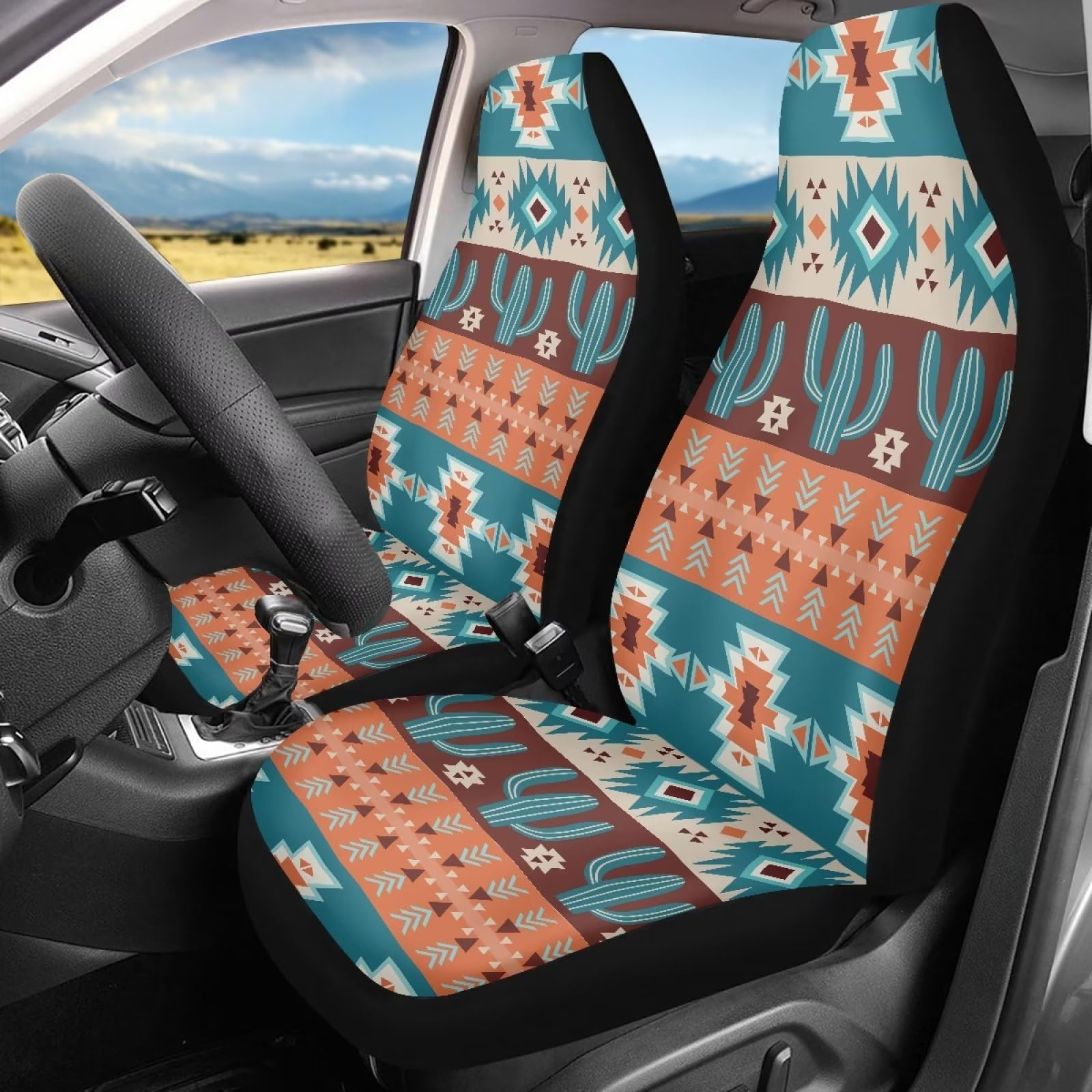 Salabomia Aztec Car Seat Cover, Cactus High Back Stretchy Car Seat Protector Cover for Women, Comfortable 2 Piece Car Seat Cover