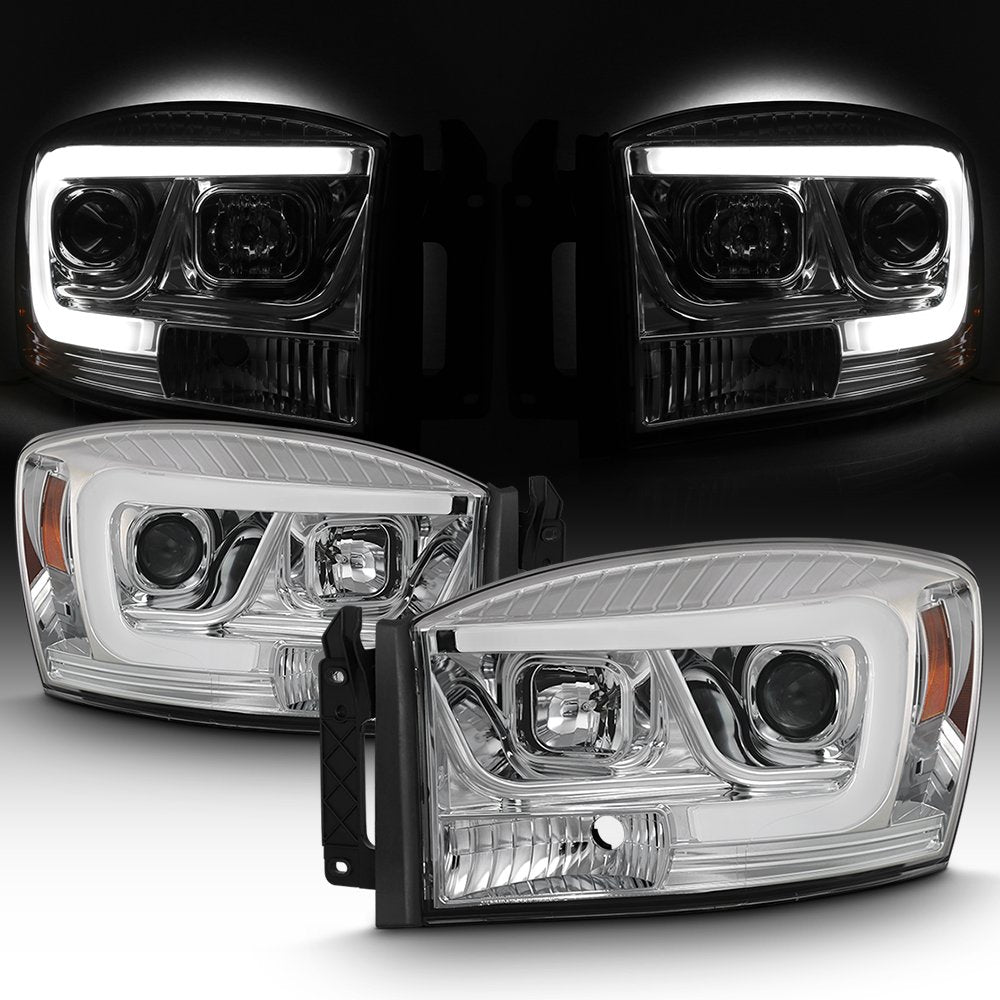 AKKON - For 2006-08 Dodge RAM 1500 + 2006-09 Dodge RAM 2500/3500 LED Daytime Running Lamp Bar Projector Headlights Chrome Set