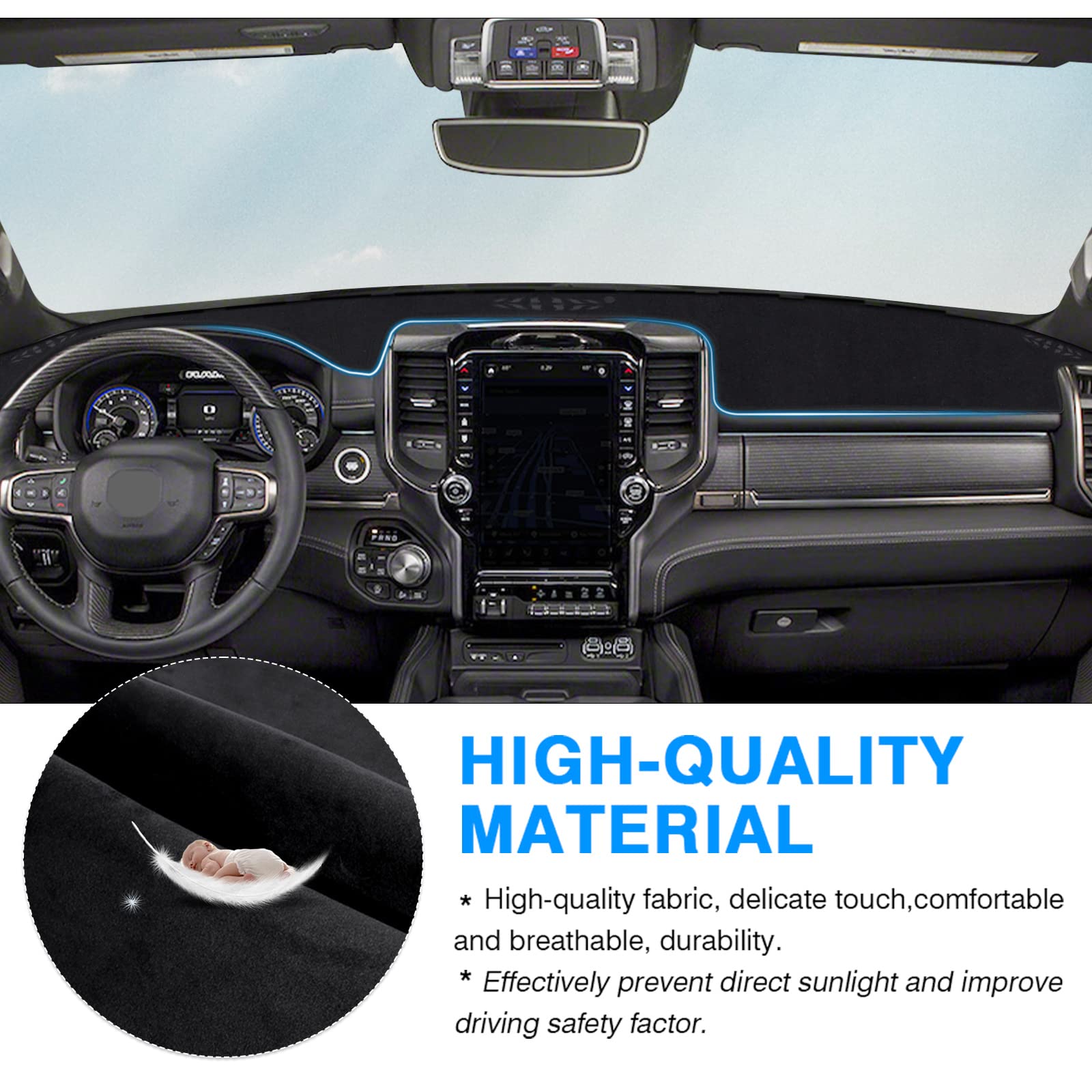 Autorder Dashboard Cover Mat For 2019-2023 2024 Dodge Ram 1500 2500 3500 Accessories Dash Cover Flannel Dash Mat Sunshade Glare