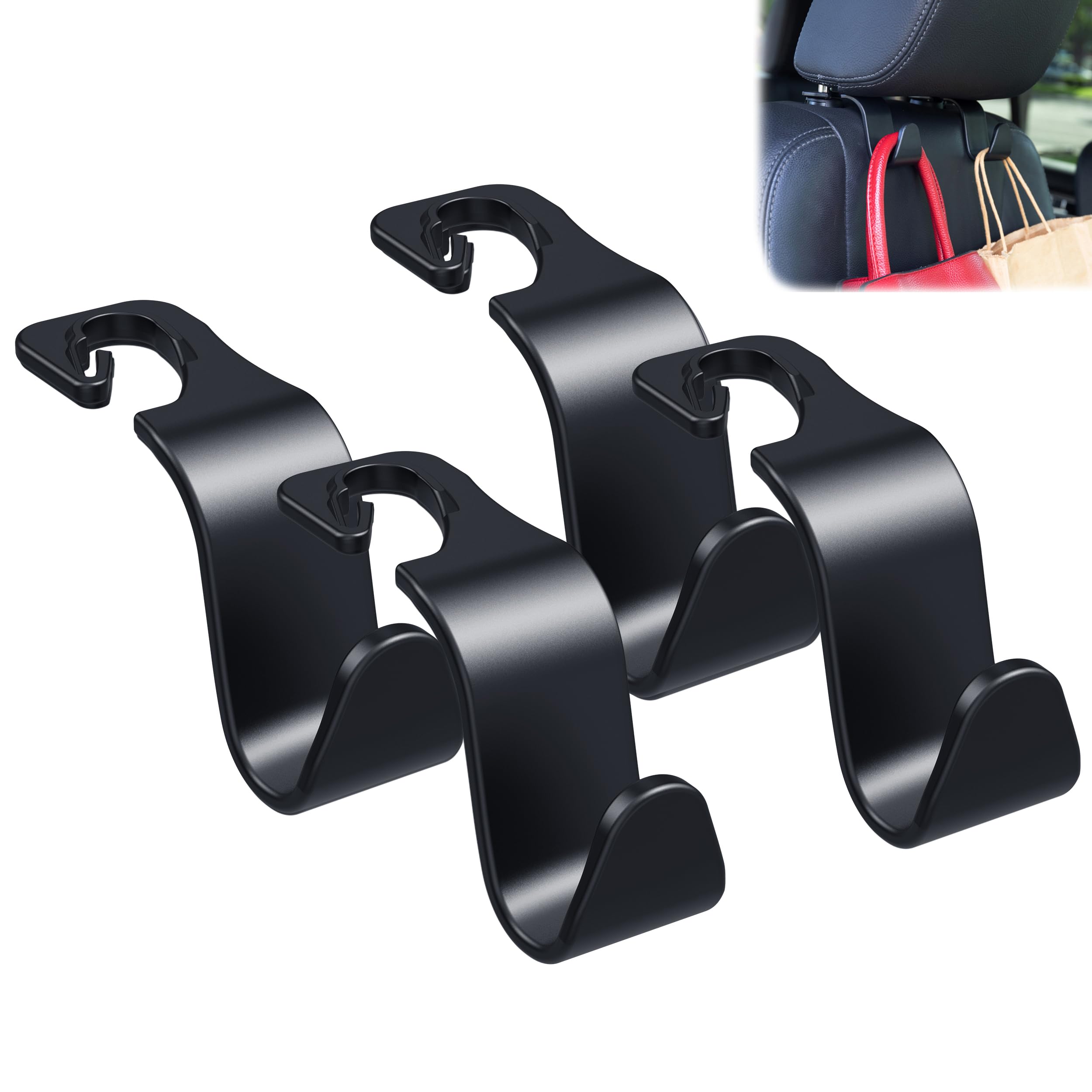 Amooca Car Seat Headrest Hook 4 Pack Hanger Storage Organizer Universal For Handbag Purse Coat Universal Fit Vehicle Car Black W