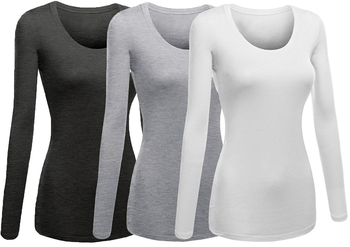 Emmalise Womens Junior And Plus Size Basic Scoop Neck Tshirt Long Sleeve Tee, 2Xl, 3Pk H Charcoal, H Gray, White