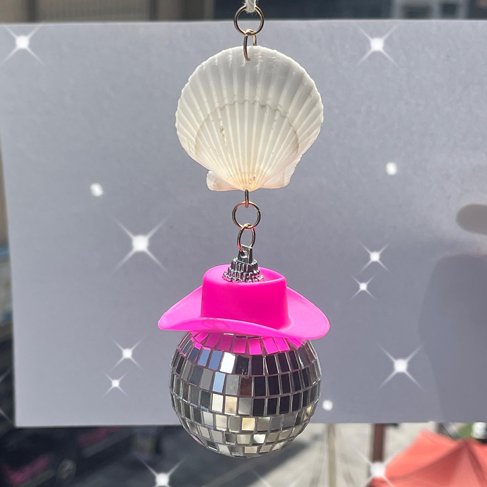 Spansee Pink Coastal Disco Ball For Car, Beach Car Accessories, Shell Car Charm, Disco Ball With Cowboy Hat, Disco Ball Car Accessory, Seashell Car Mirror Hanger, Car Mirror Hanging Accessories