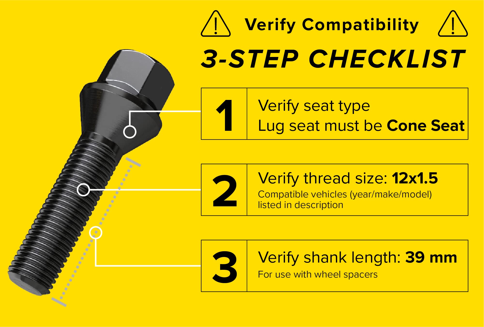 10Pcs Extended Lug Bolts - 12X1.5, 39Mm Shank (Not Oem Length), Cone Seat - Compatible With Bmw 128I 135I 318I 320I 325I 328I 335I M3 525I 528I 530I 535I M5 Z3 Z4 E36 E46 E60 E90 E92 E93 - Black