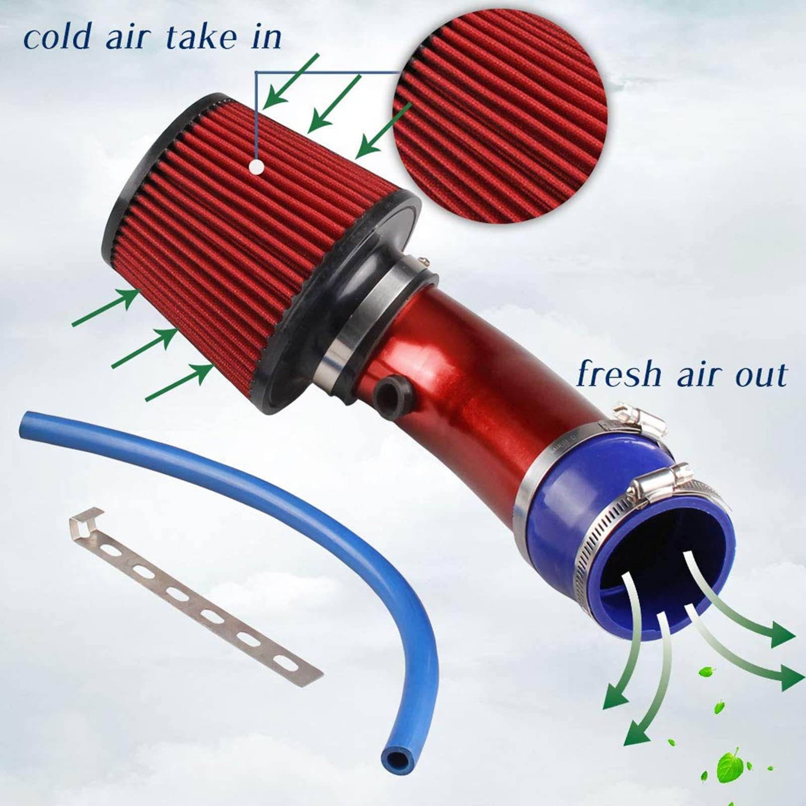 Sporacingrts Cold Air Intake Pipe, 76Mm 3 Inch Universal Percompatible Withmance Car Cold Air Intake Turbo Filter Aluminum Autom