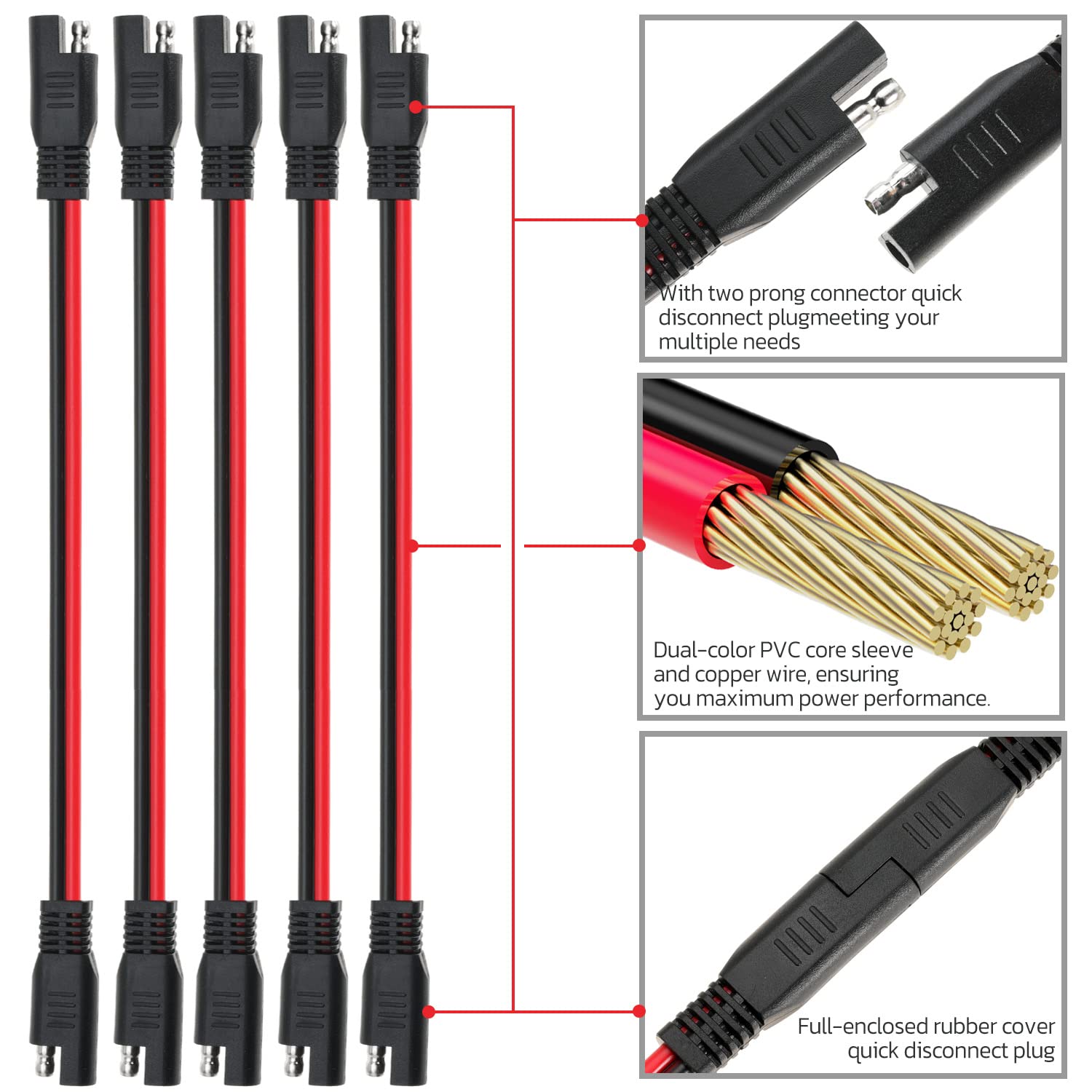 Gopayia 12 Awg Sae To Sae Extension Cable 12 Gauge 2-Pin Sae Connector Extension Cord With Dual Head Plug For Solar Panel Automo