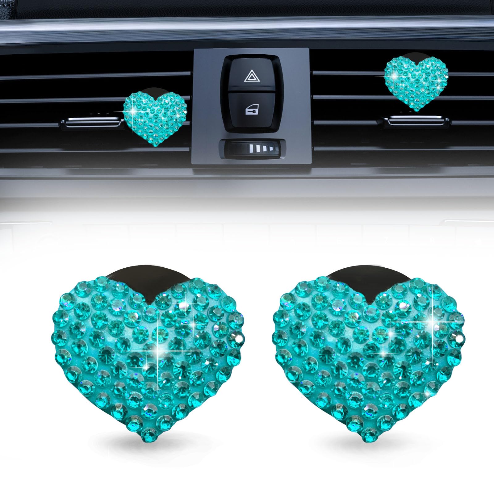 2Pcs Car Air Vent Clip, Bling Crystal Heart Charms Car Air Vent Clips, Car Air Conditioning Outlet Clip Decorative, Car Interior