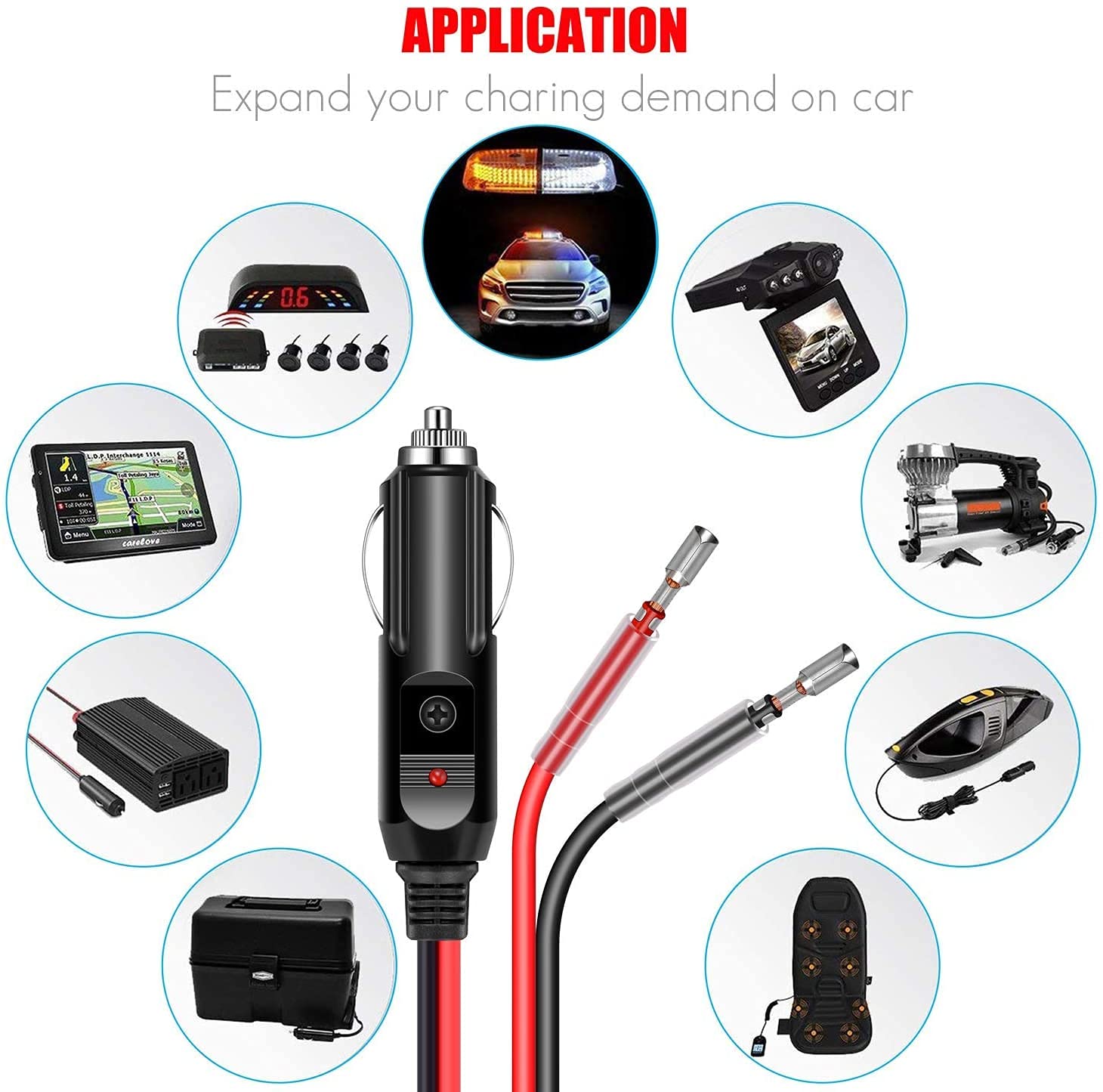 Holder 2 Pack 12V Fused Cigarette Lighter Male Plug With Leads & Led Light, 16Awg Car Replacement Heavy Duty Male 15A Fused Cigarette Lighter Socket Cord