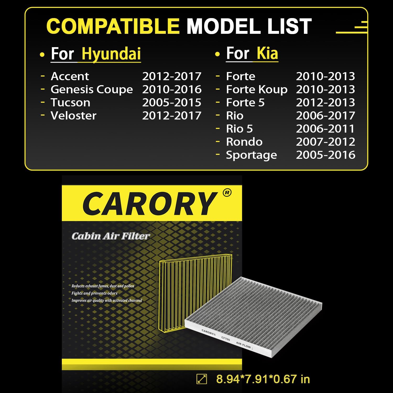 CARORY Cabin Air Filter w/Activated Carbon for Hyundai Accent 12-17, Tucson 05-15, Veloster 12-17, Kia Forte 10-13, Forte Koup 1