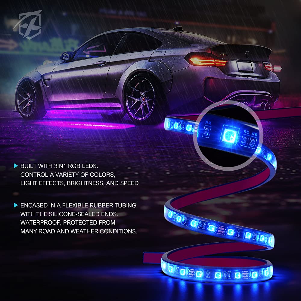 Xprite 8Pcs Car Rgb Led Strip Lights, Exterior Underglow & Interior Bluetooth Lights Kit, App Control & Wireless Remote, Music S