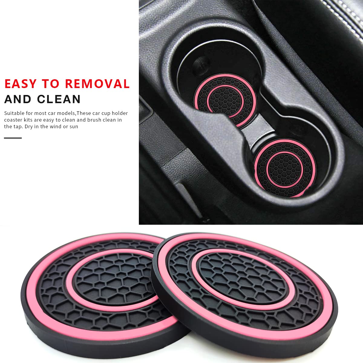 Auprite Car Cup Holder Coasters, 2 Pack Universal Auto Anti Slip Cup Holder Insert Coaster, Car Interior Accessories (Pink)