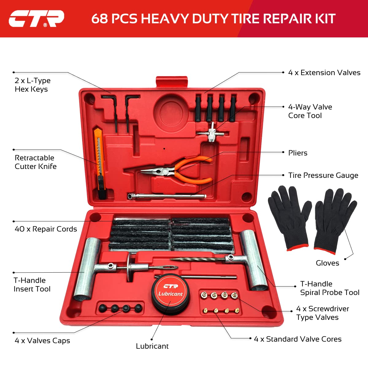 Ctr Heavy Duty Tire Plug Kit - 68Pcs All-In-One Universal Tire Repair Kit With Plugs, Professional Tools For Tubeless Tyre Flats