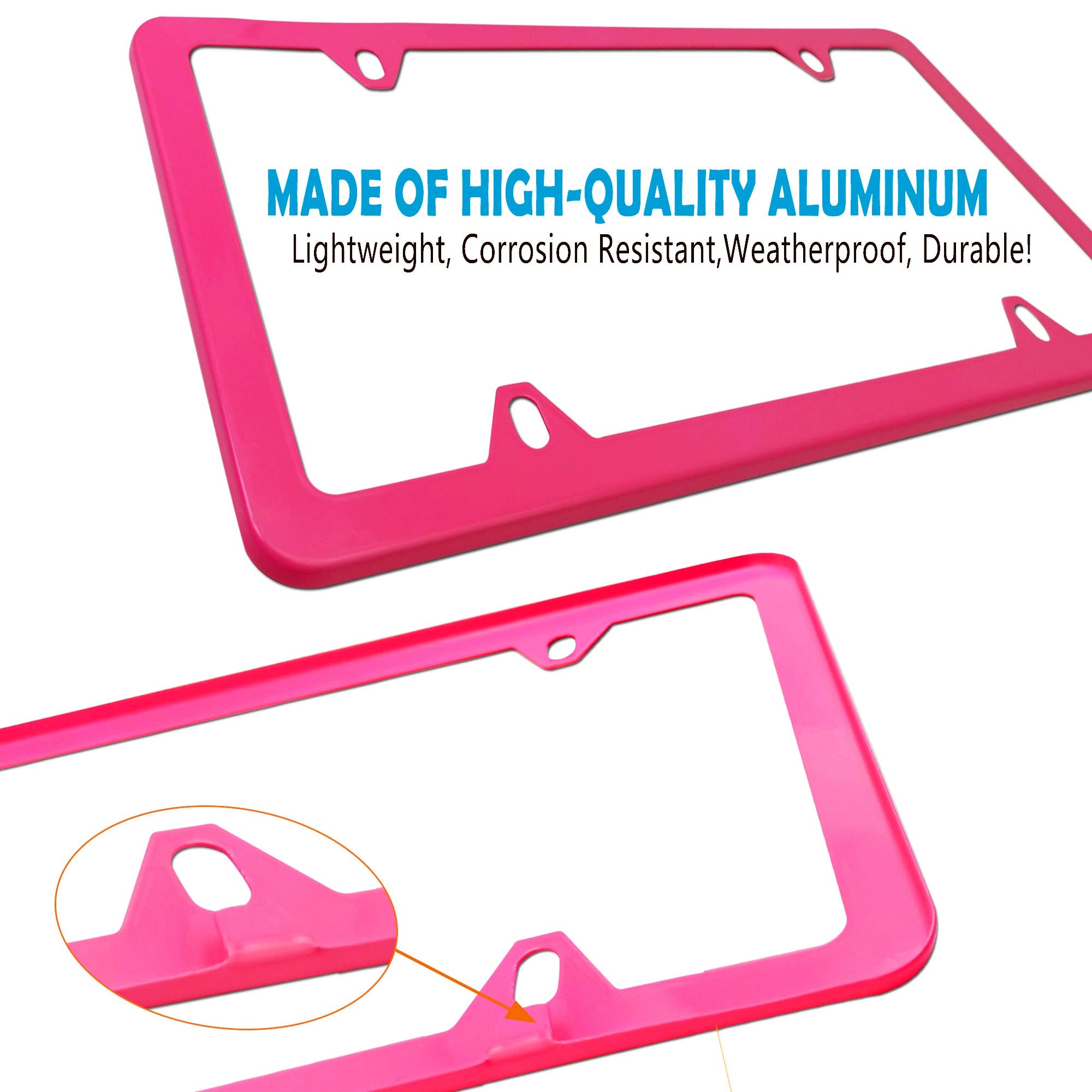 Bggtmo Pink License Plate Frames- Metal Aluminum Car Tag Cover, 2 Pack Slim Front & Rear Holders For Us Vehicles, Rust/Rattle Pr