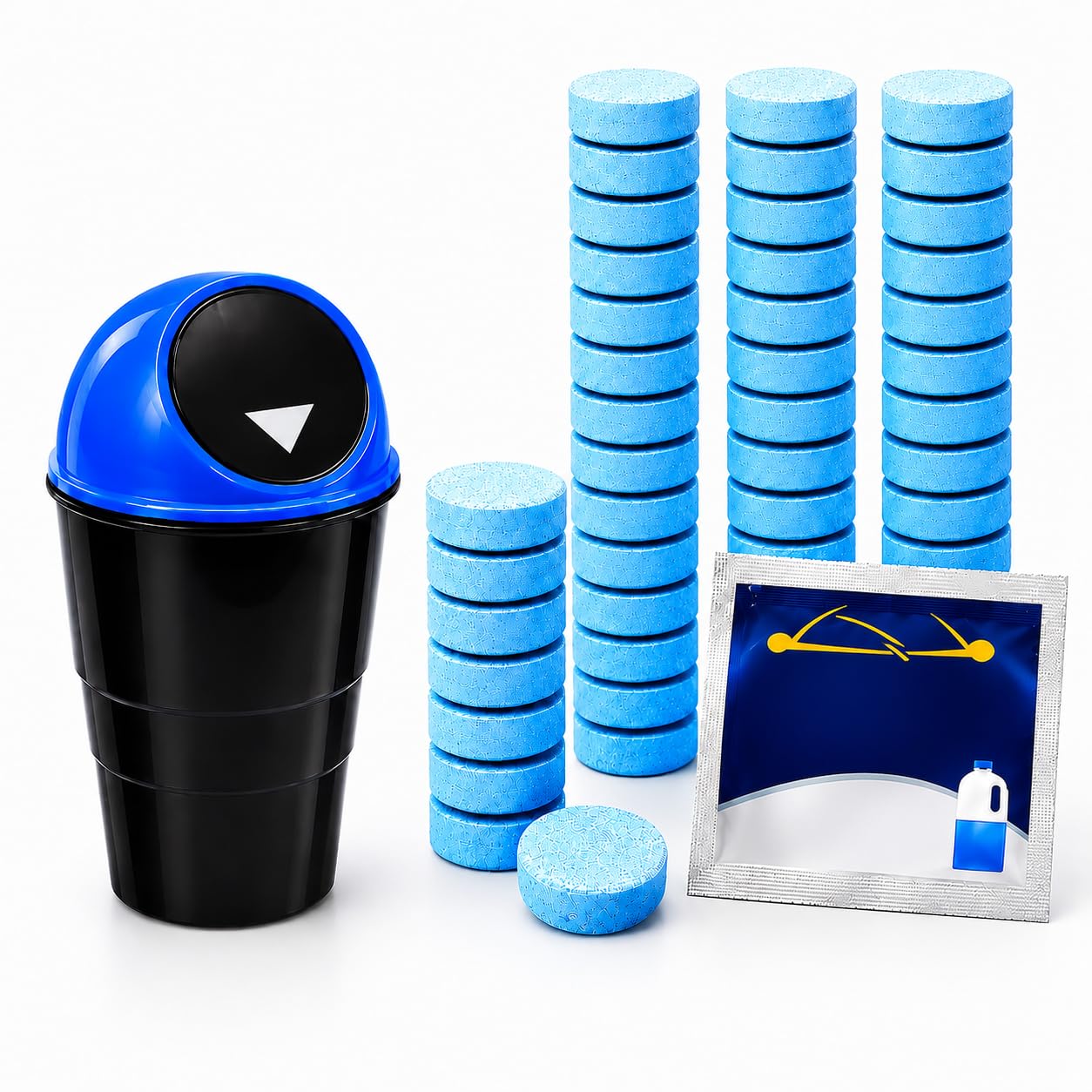 Car Dustbin with 10 Windshield Glass Cleaner Effervescent Tablets, Push Lid, Cup Holder, 21 cm, Blue and Black