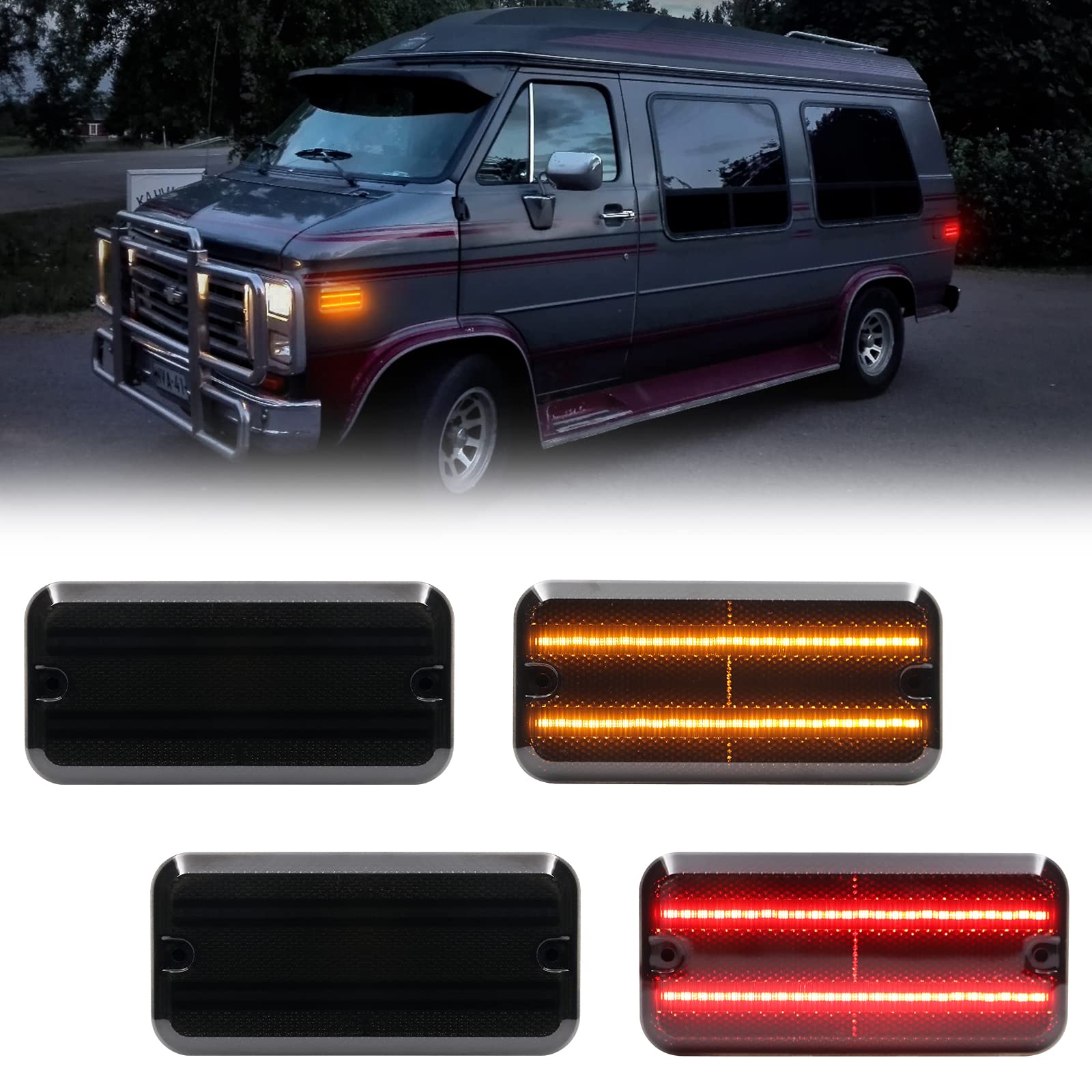 R&F Auto Smoked Led Front Amber Rear Red Side Marker Lights Compatible With G1500 G2500 G3500 G10 G20 G30 (1985-1996)/ P20 P30 Step-Van P2500 P3500 Base Value Van (1985-1996) Bumper Sidemarker Lamps