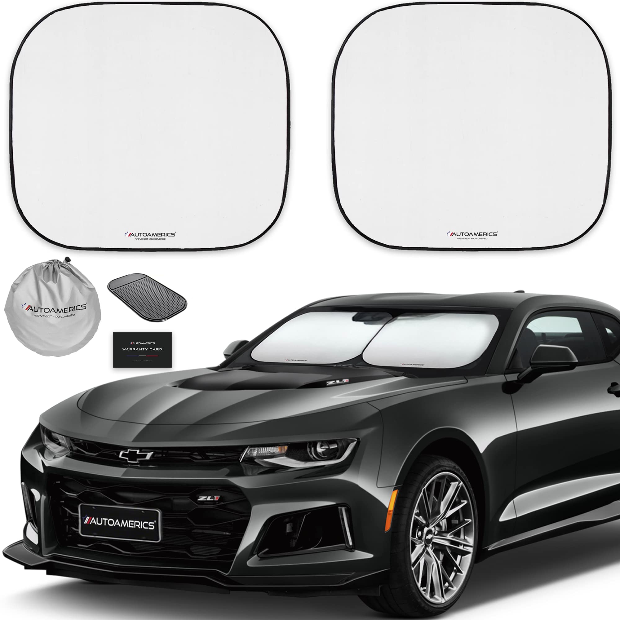 Autoamerics 2-Piece Windshield Sun Shade - Foldable Car Front Window Sunshade for Most Compact Sports Cars - Auto Sun Blocker Vi