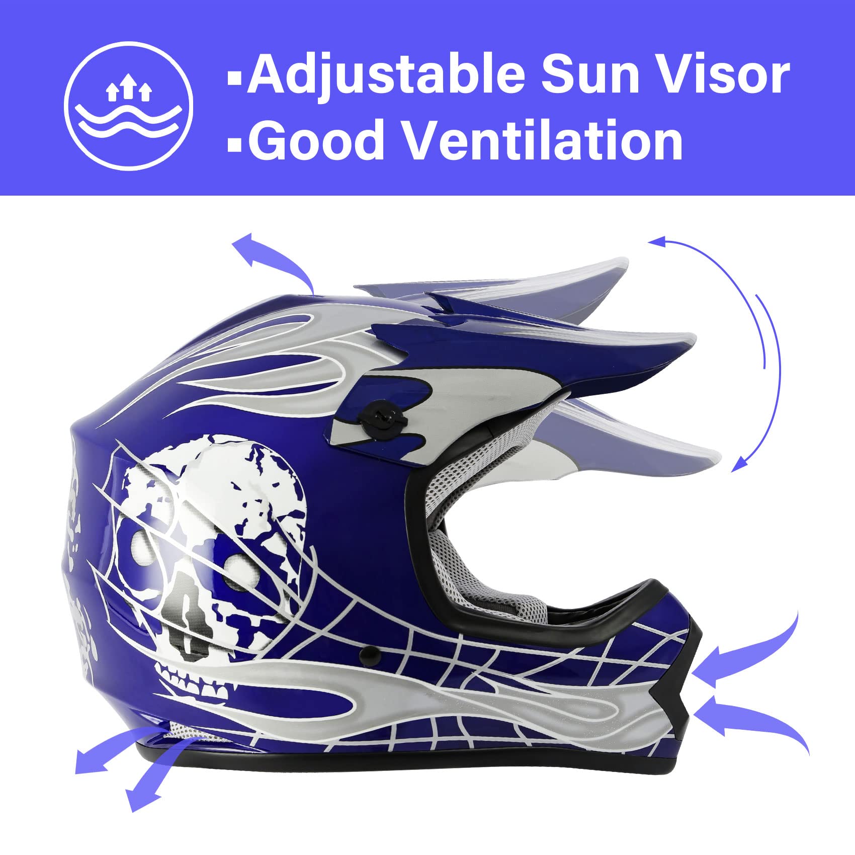 Slmoto Dot Youth Kids Helmet Motocross Offroad Street Helmet Motorcycle Helmet Dirt Bike Motocross Atv Blue Skull Design Helmet+Goggles+Gloves