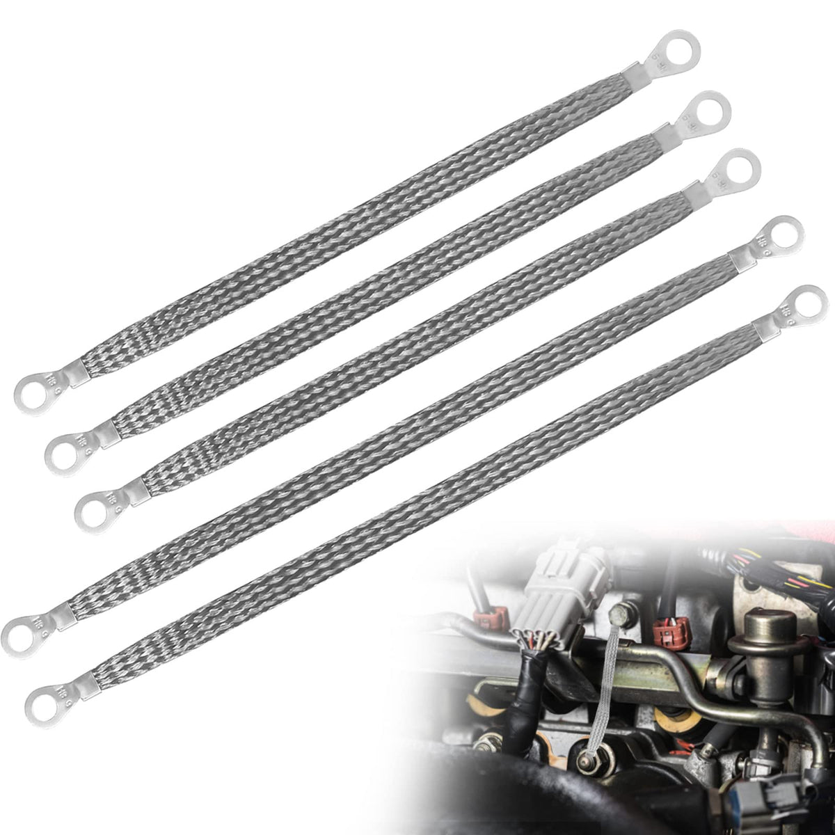 Ground Straps Automotive, 3Pcs 10' X 1/2' & 2 Pcs 13' X 1/2' Professional Vehicle Grounding Straps, Ground Engine Cable Strap Kit, Automotive Wire Ground Strap For Most Cars, Ring Terminals