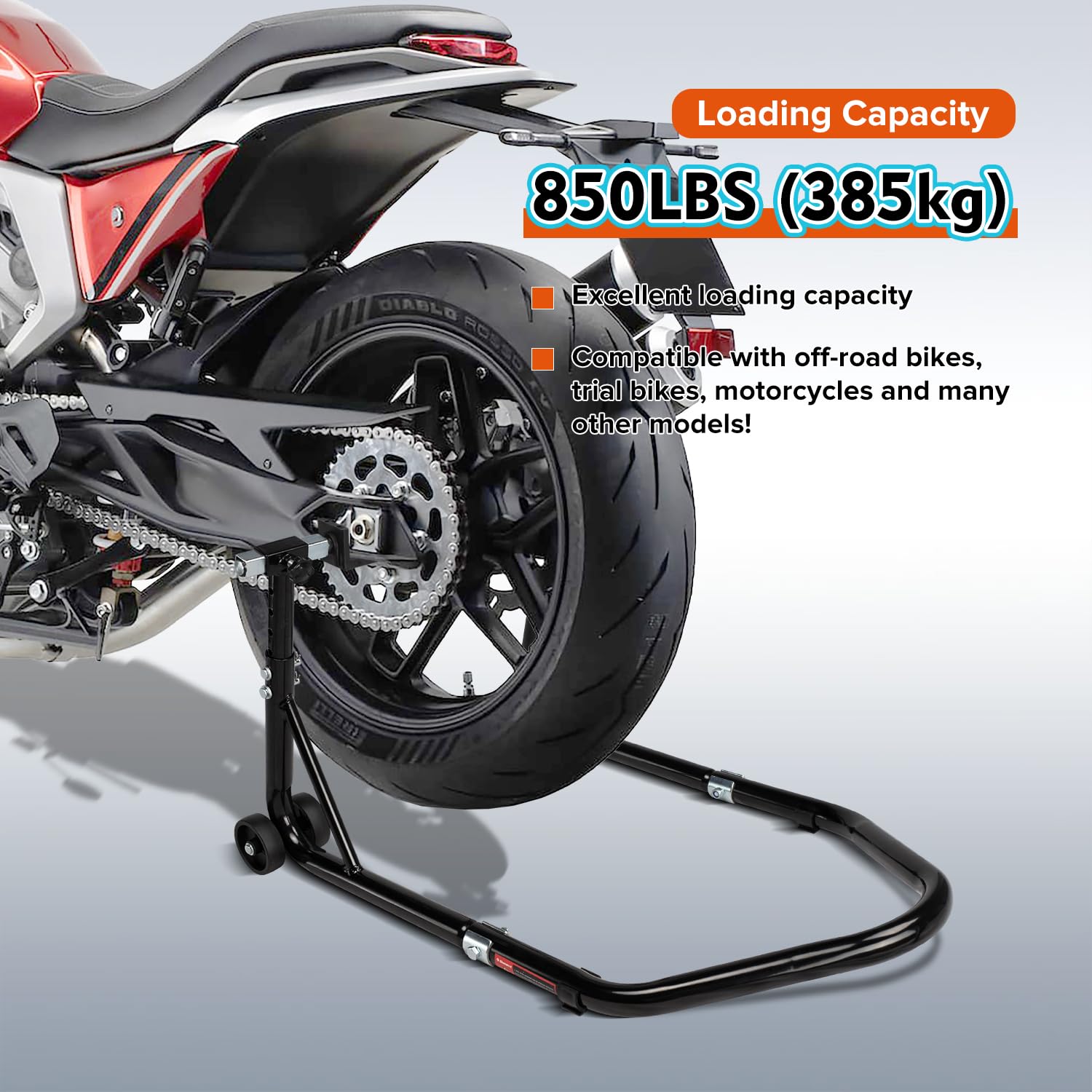 Donext Motorcycle Stand 850Lb Adjustable Sport Bike Rear Wheel Lift Swingarm Paddock Stands Black, 5 Adjustable Heights, L