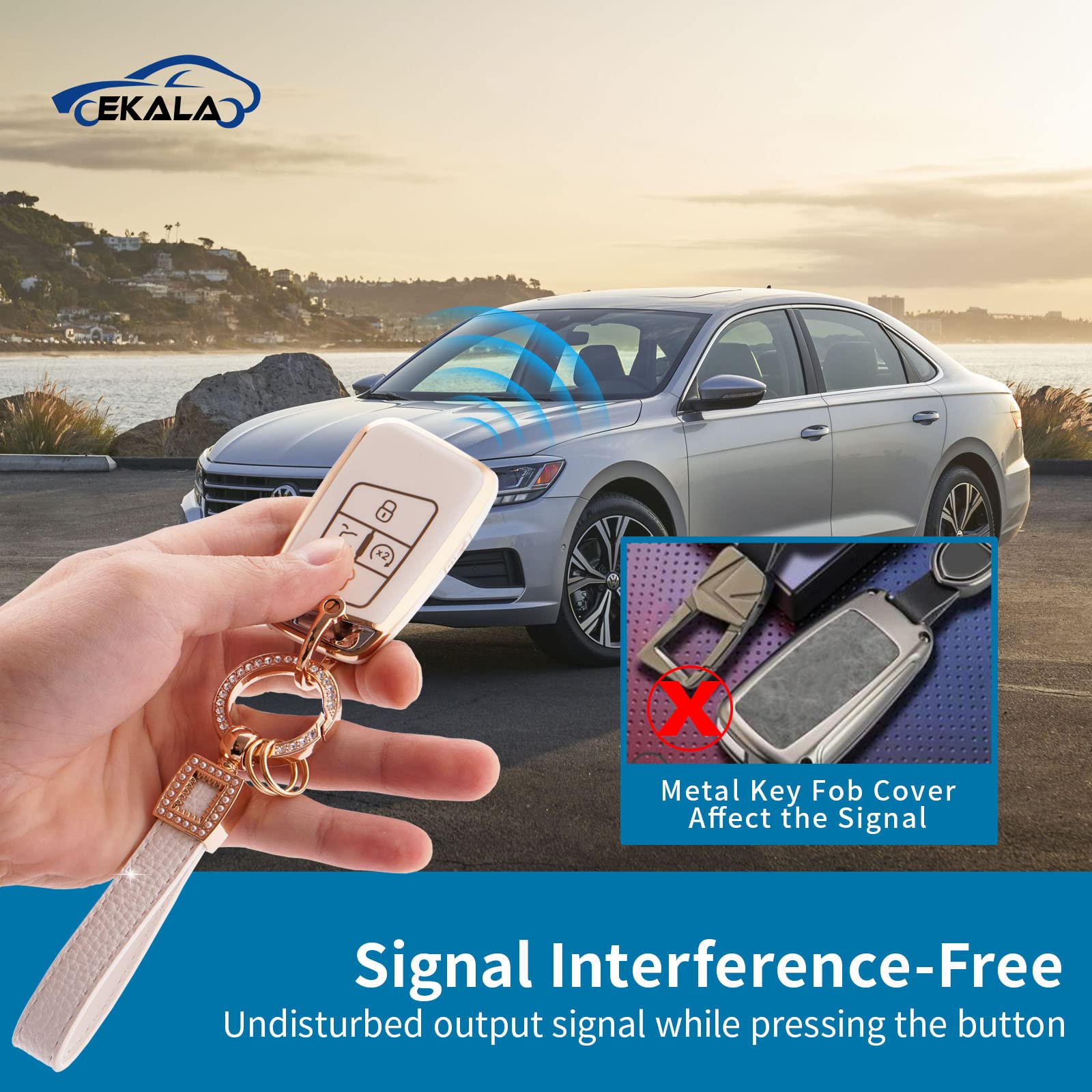 EKALA for Volkswagen Key Fob Cover with Leather Key Fob Keychain, 4 Buttons Soft TPU Keys Shells Girly White Key Fob Cover Compa