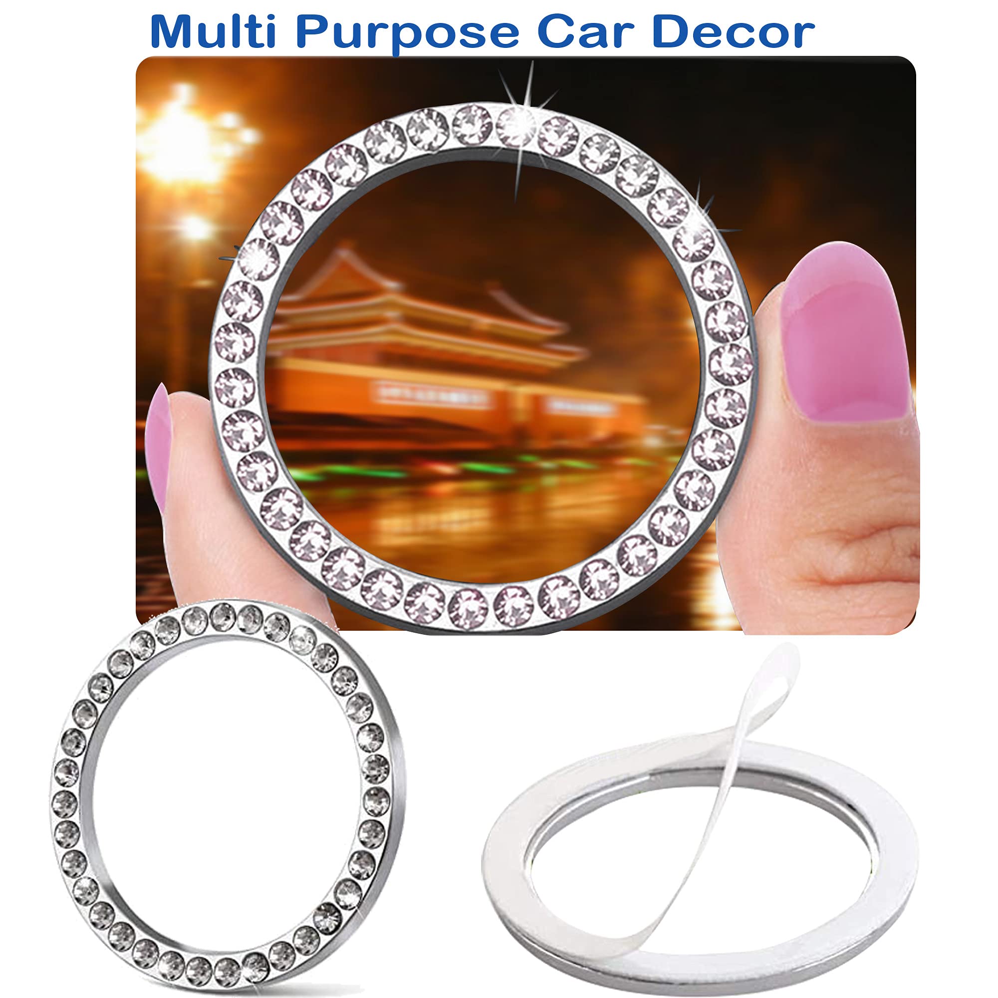 Orrdice 2 Pcs Crystal Rhinestone Ring for Car Decor, Bling Decor Car Emblem Sticker, Push to Start Button,Key Ignition Starter,