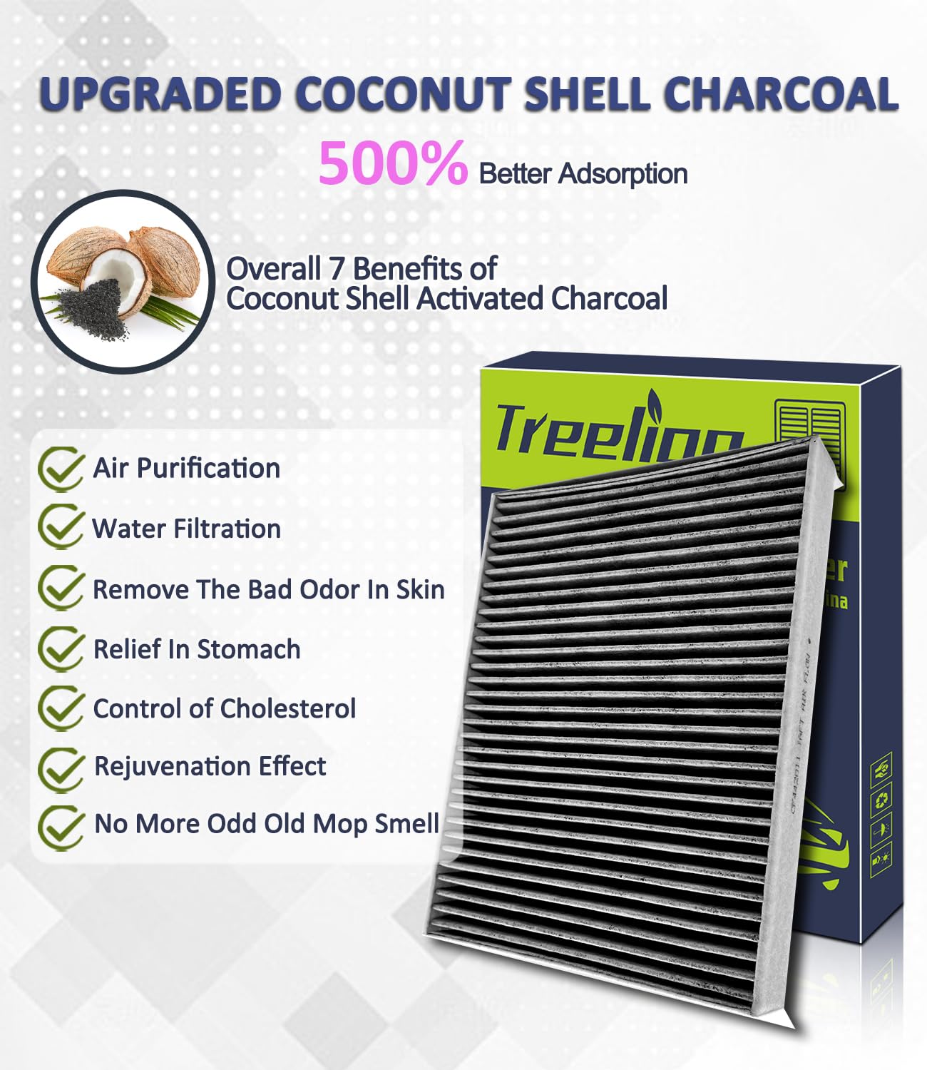 Treeligo Cf12152 Cabin Air Filter, Replacement For Ford Mustang 2015 2016 2017 2018 2019 2021 2022, W/Upgraded Coconut Shell Act