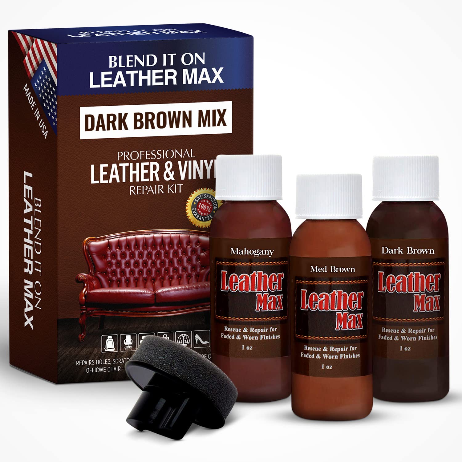 Leather Max Dark Brown Mix - Vinyl And Leather Repair Kit - Restorer Of Your Furniture, Jacket, Sofa, Boat Or Car Seat, Easy Ins