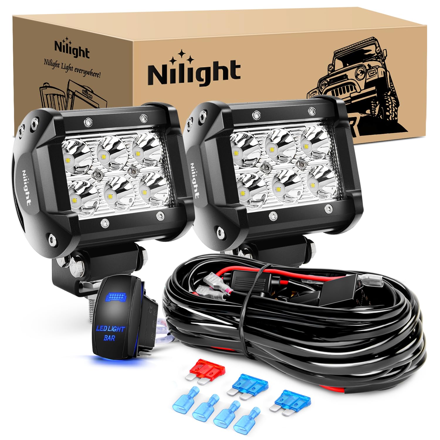 Nilight Led Light Bar 2Pcs 18W Spot Led Pods Led Off Road Lights 12V 5Pin Rocker Switch Led Light Bar Wiring Harness Kit 2 Leads