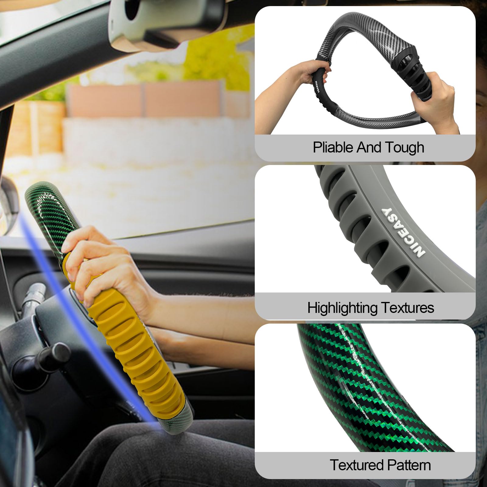 NICEASY Sport Style Green PU Leather Steering Wheel Cover with Yellow Sport Grip Anti-Slip Breathable Steering Wheel Accessory U