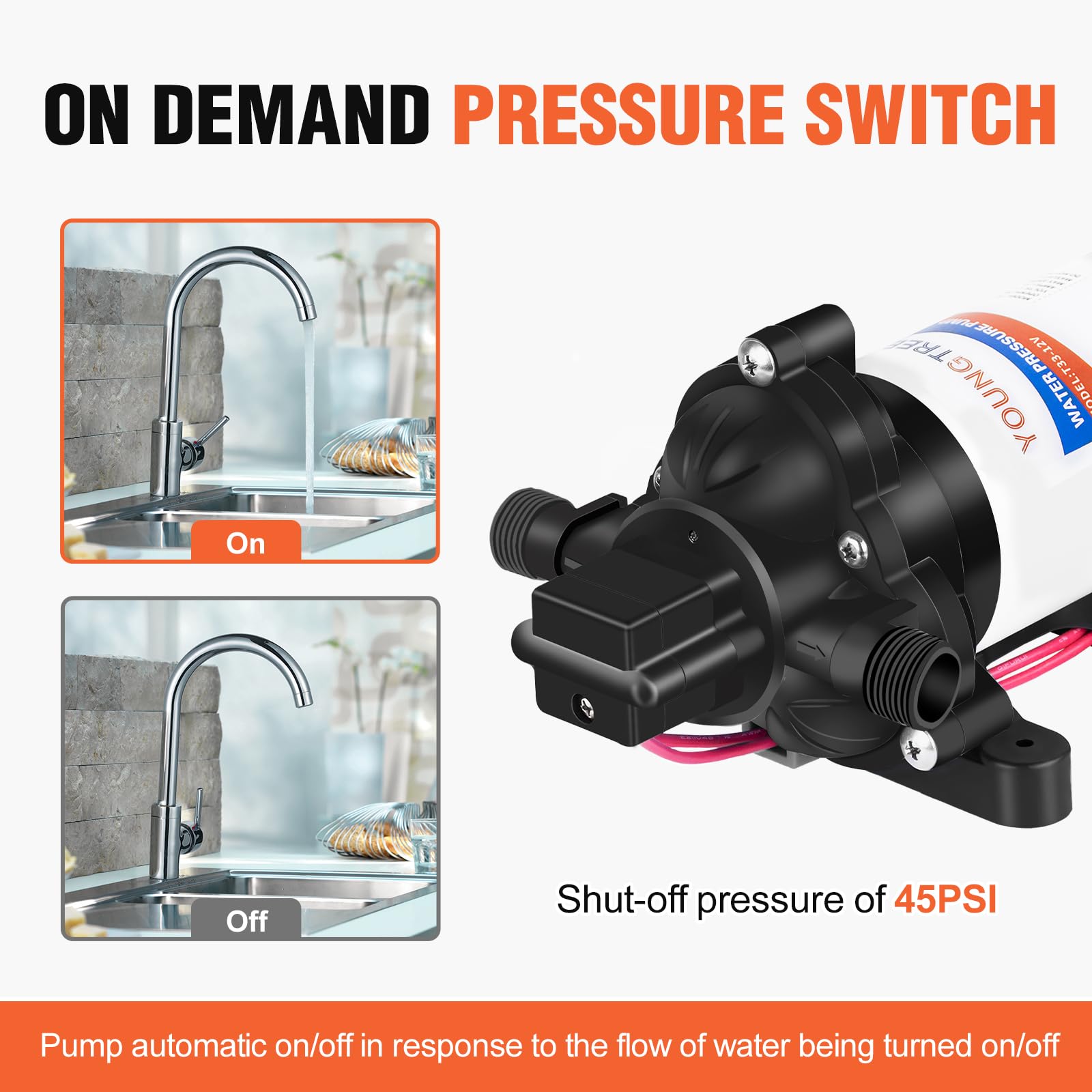 Youngtree Water Diaphragm Pump 12 Volt Dc 3.5 Gpm 45Psi, On Demand Self-Priming Water Pump For Rv Caranvan Marine Camper Sprayer