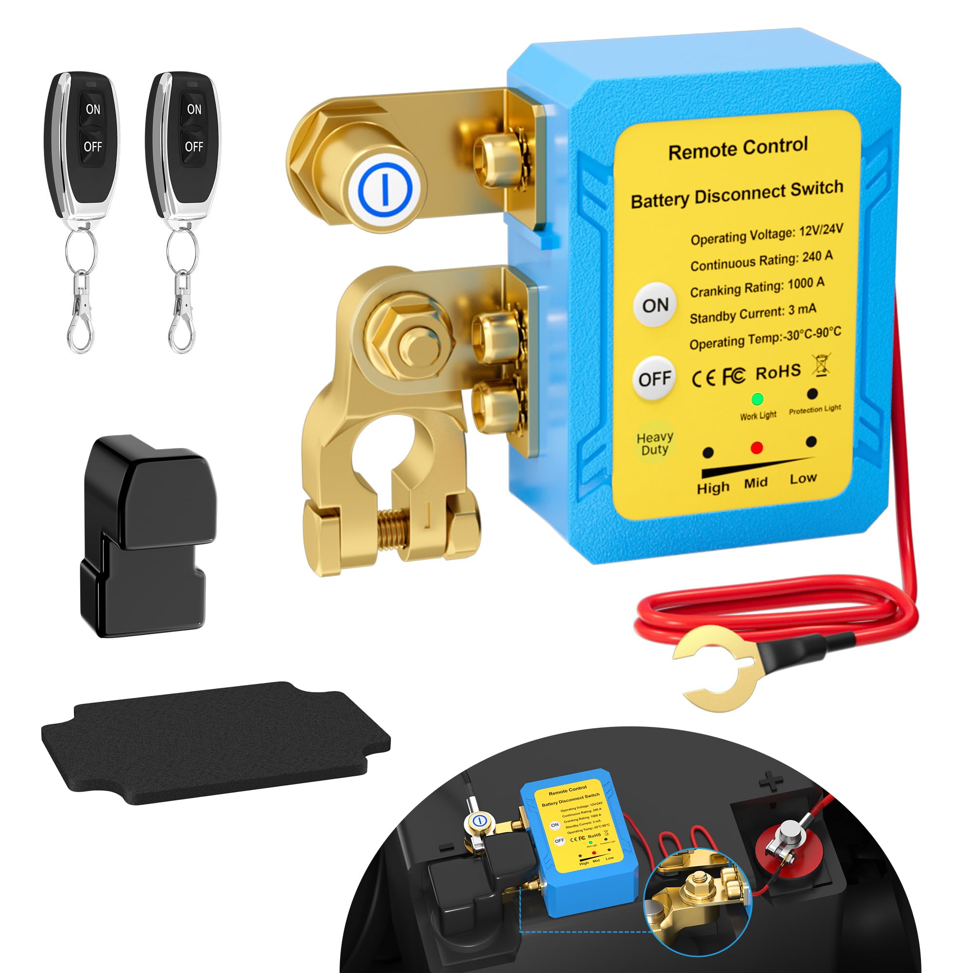 Joinfworld Remote Battery Disconnect Switch 12V 240A Kill Switch For Car Anti Theft Automatic Shut Off Switch With Wireless Remo