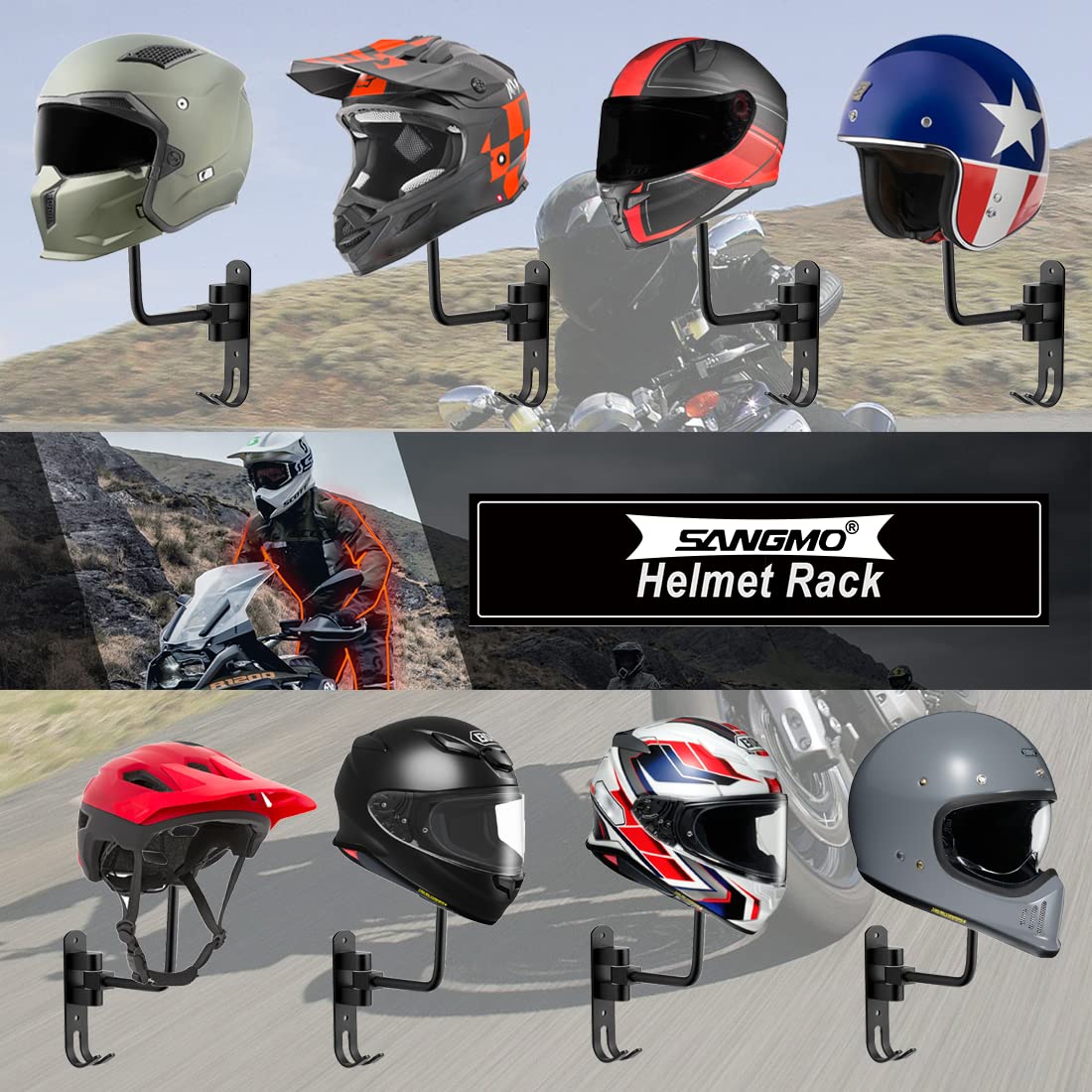 bike helmet mounted on rack Sangmo 180a Motorcycle Helmet Rack Rotation Metal Helmet Holder Wall