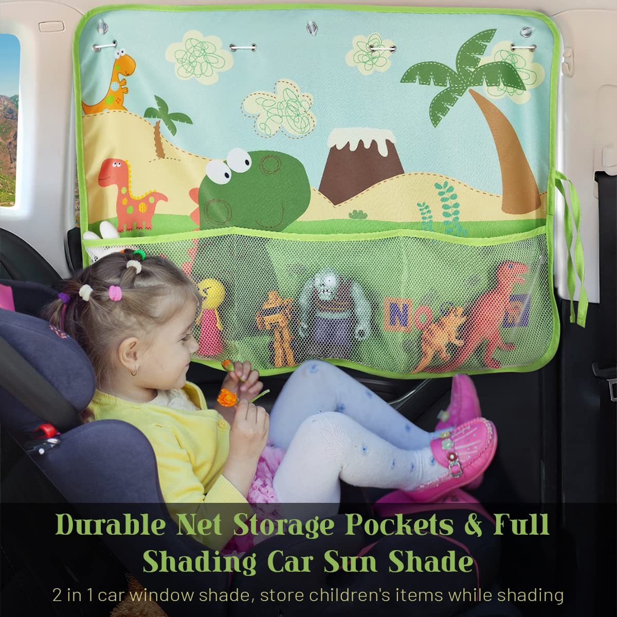 Diza100 Car Window Shade For Baby, 2 Pack Car Sun Shades With Storage Pockets Car Window Curtain 7 Suction Cups Dinosaurs Patter
