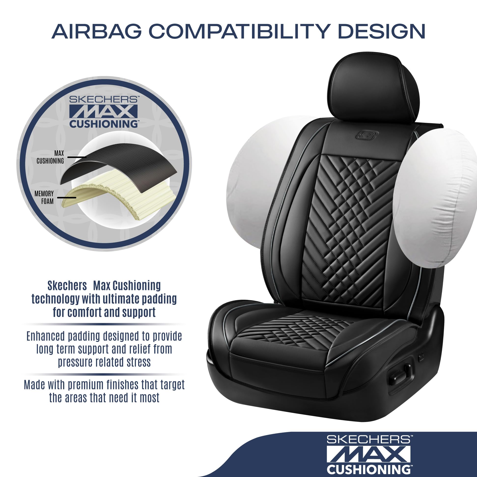 Skechers MAX Cushioning Car Seat Covers,Memory Foam Piping Leather Seat Covers,Waterproof Car Seat Protector Front Seats,Car Sea
