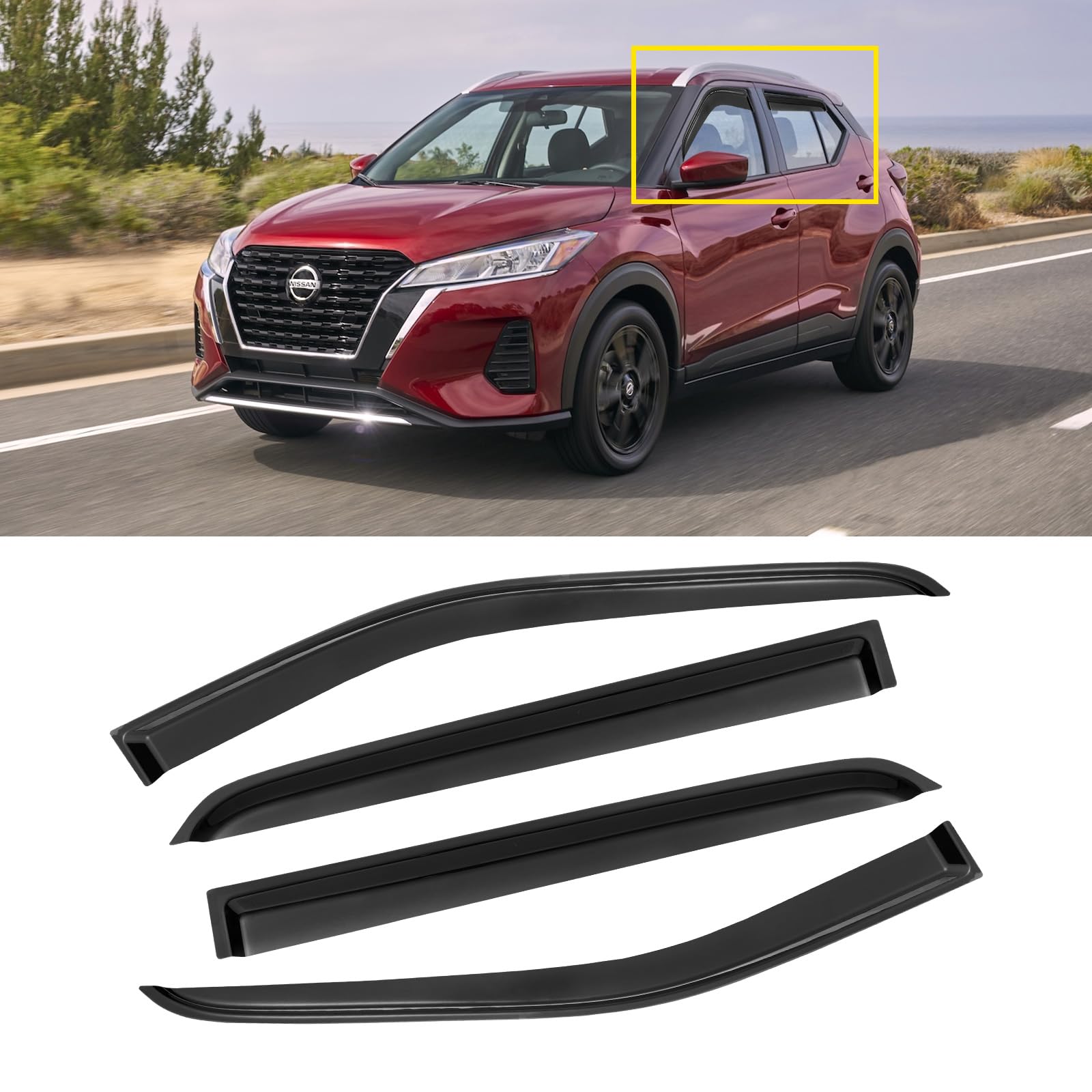 Window Visor For 2018-2024 Nissan Kicks, Out-Channel Rain Guards Shields Vent Shade Deflector Wind Dark Smoke Ventshade Ventviso
