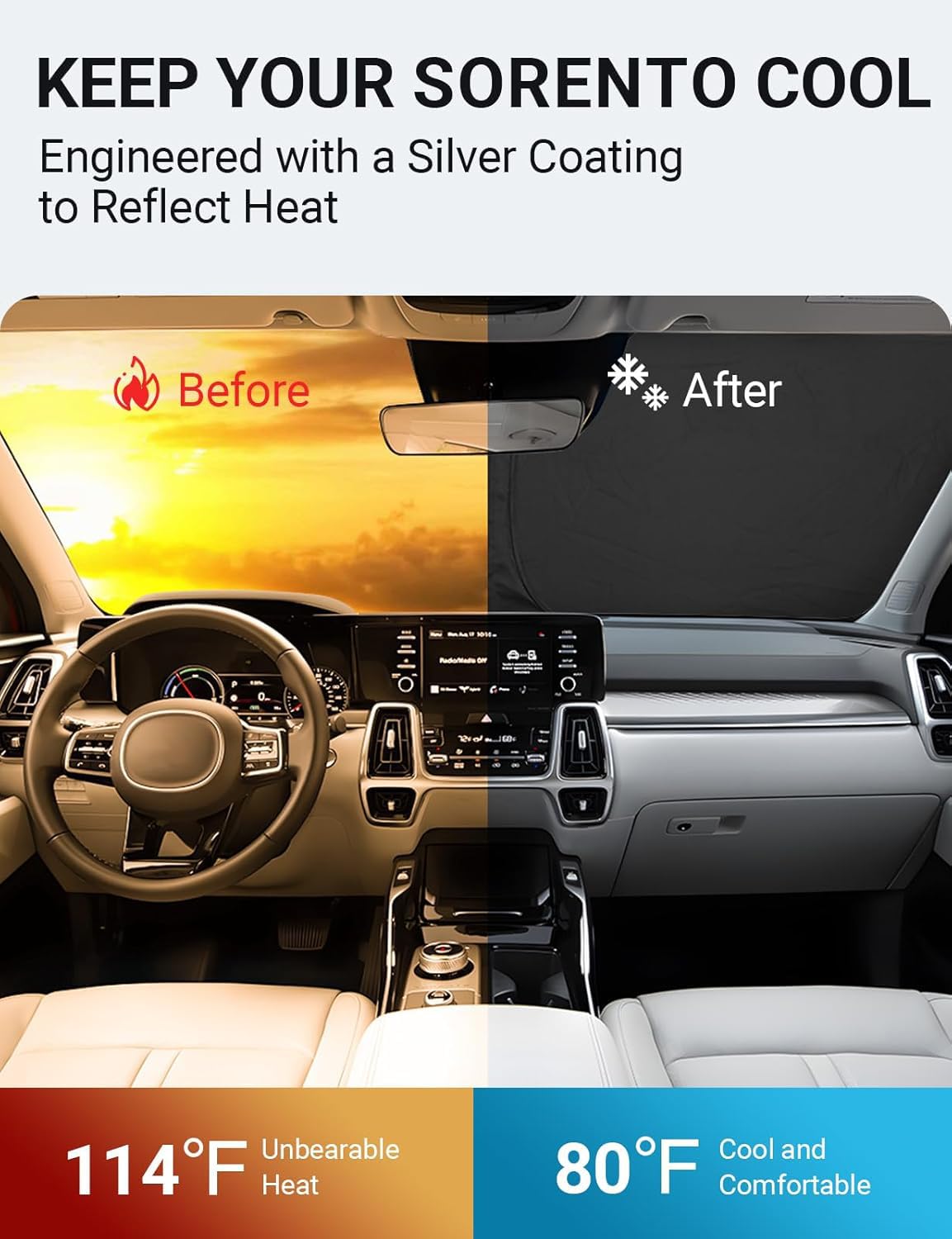 Proadsy Windshield Sun Shade for Kia Sorento 2021-2025, 4-Layer Foldable UV Blocker, Black & Silver, Keeps Car Cooler