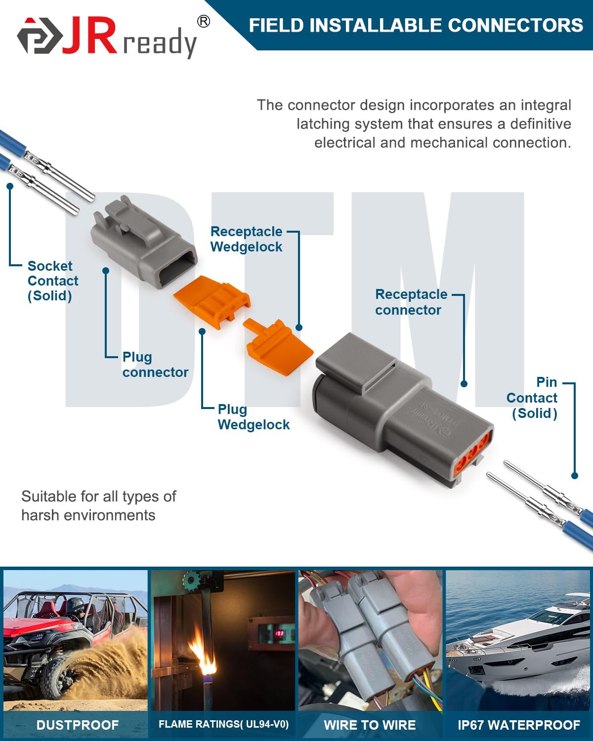 JRready Deutsch DTM 3 Pin Connectors 4 Kits, Waterproof Electrical Wire Connectors with Size 20 Solid Contacts 20-22AWG, ST6330-