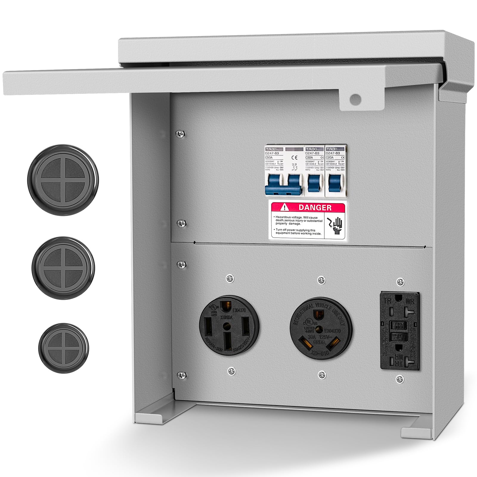 Gravimorph Temporary Power Outlet Panel,Rv Electrical Panel,50 30 20 amp rv Power Outlet Box,Prewired Unmetered, Weatherproof, f