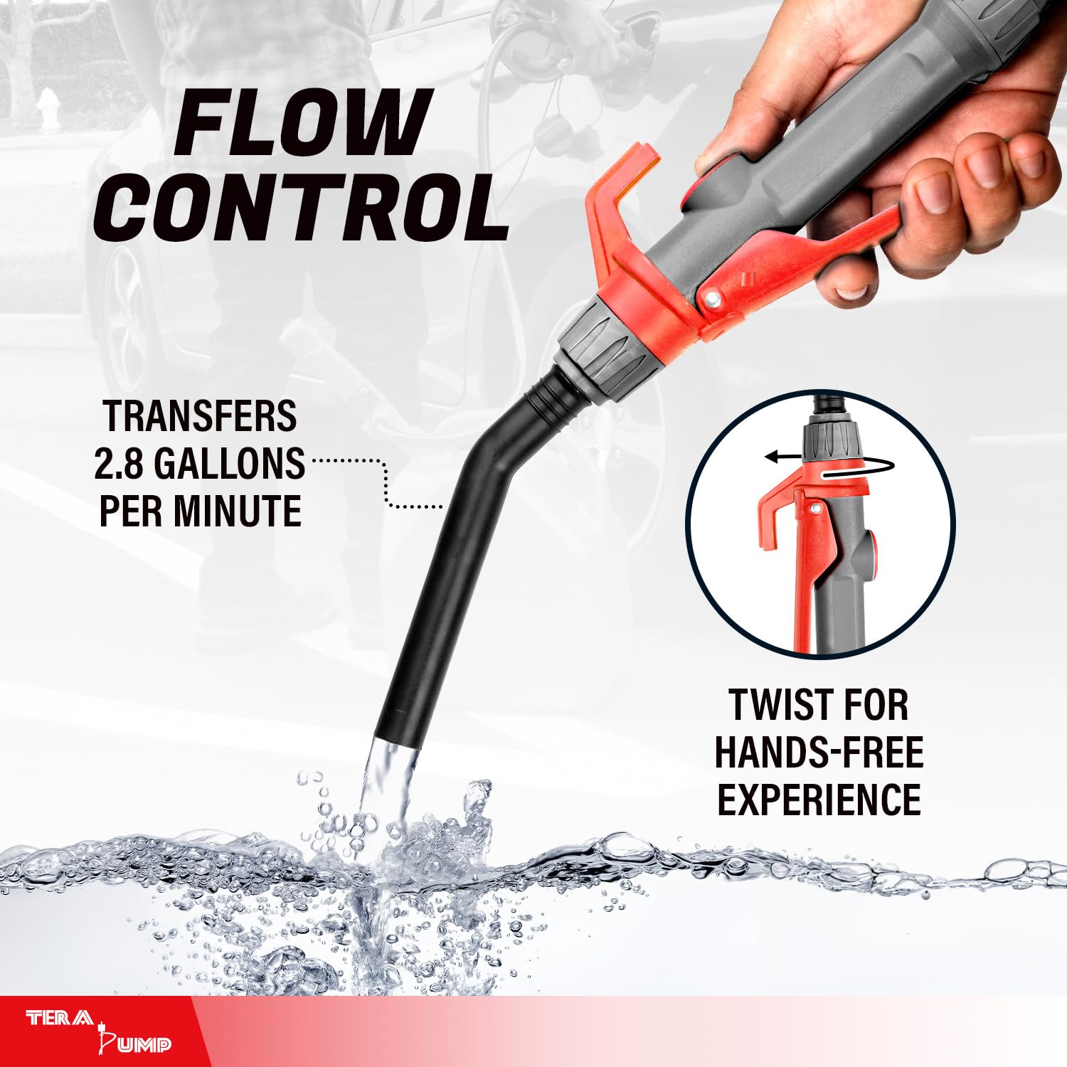 TERA PUMP Fuel Transfer Pump w/Quick Flow Control Nozzle - 3X Powerful D Battery Powered, 39 Upgraded Vinyl Discharge Hose, Mu